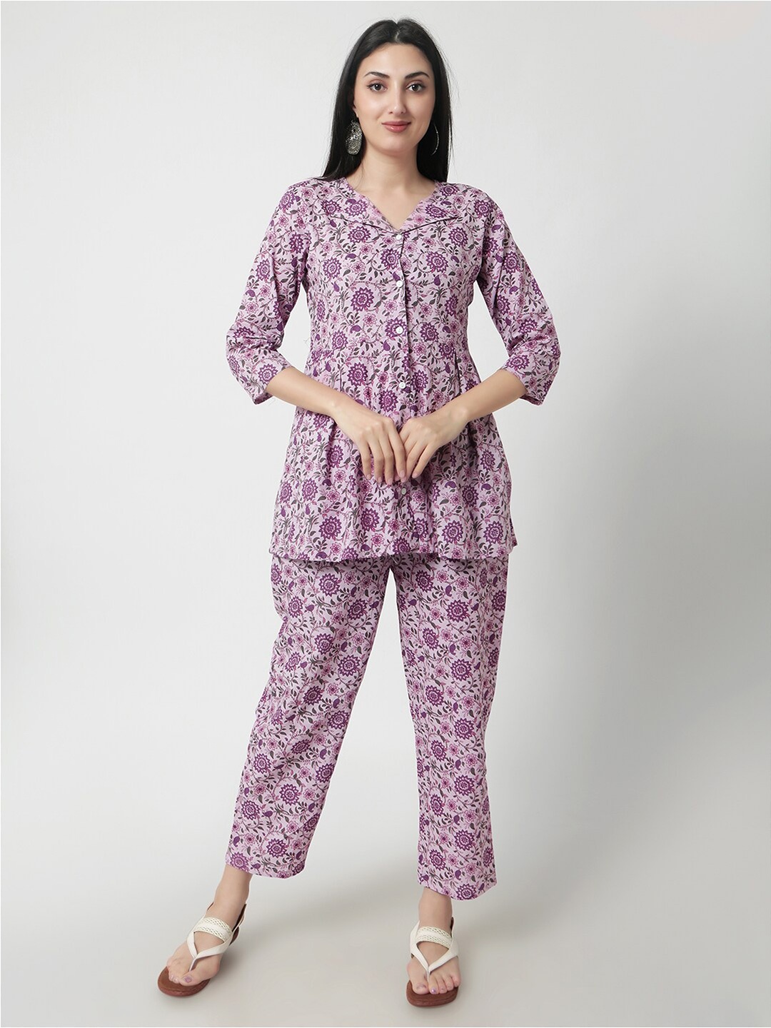 

KALINI Floral Printed Pure Cotton Top With Trousers, Purple