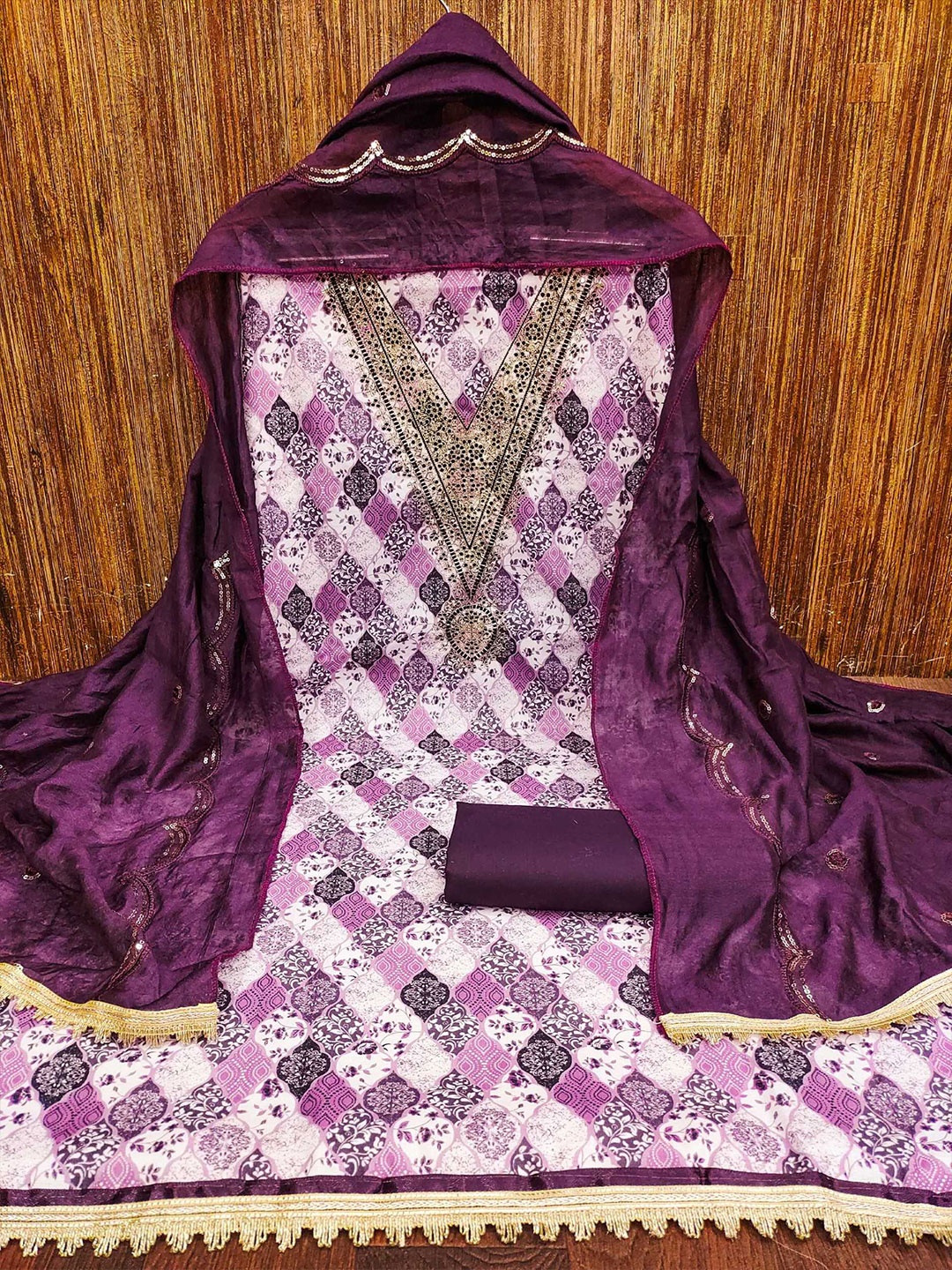 

KALINI Ethnic Motifs Digital Printed Zari Unstitched Dress Material, Purple