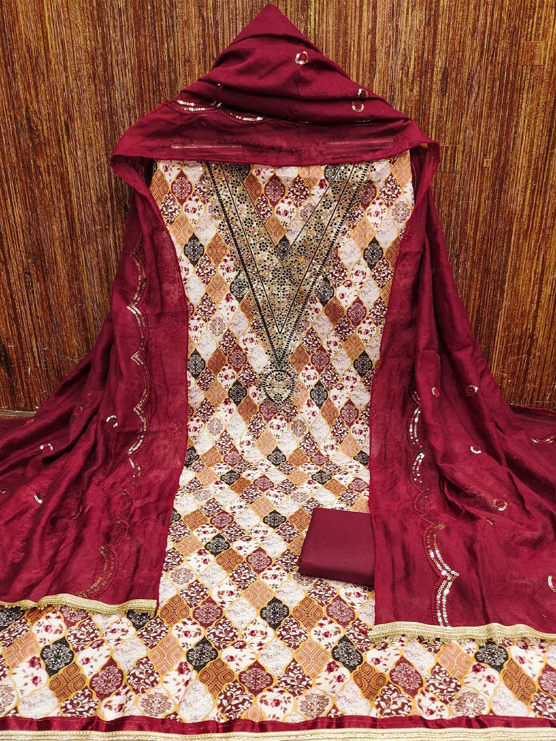 

KALINI Ethnic Motifs Digital Printed Zari Unstitched Dress Material, Maroon