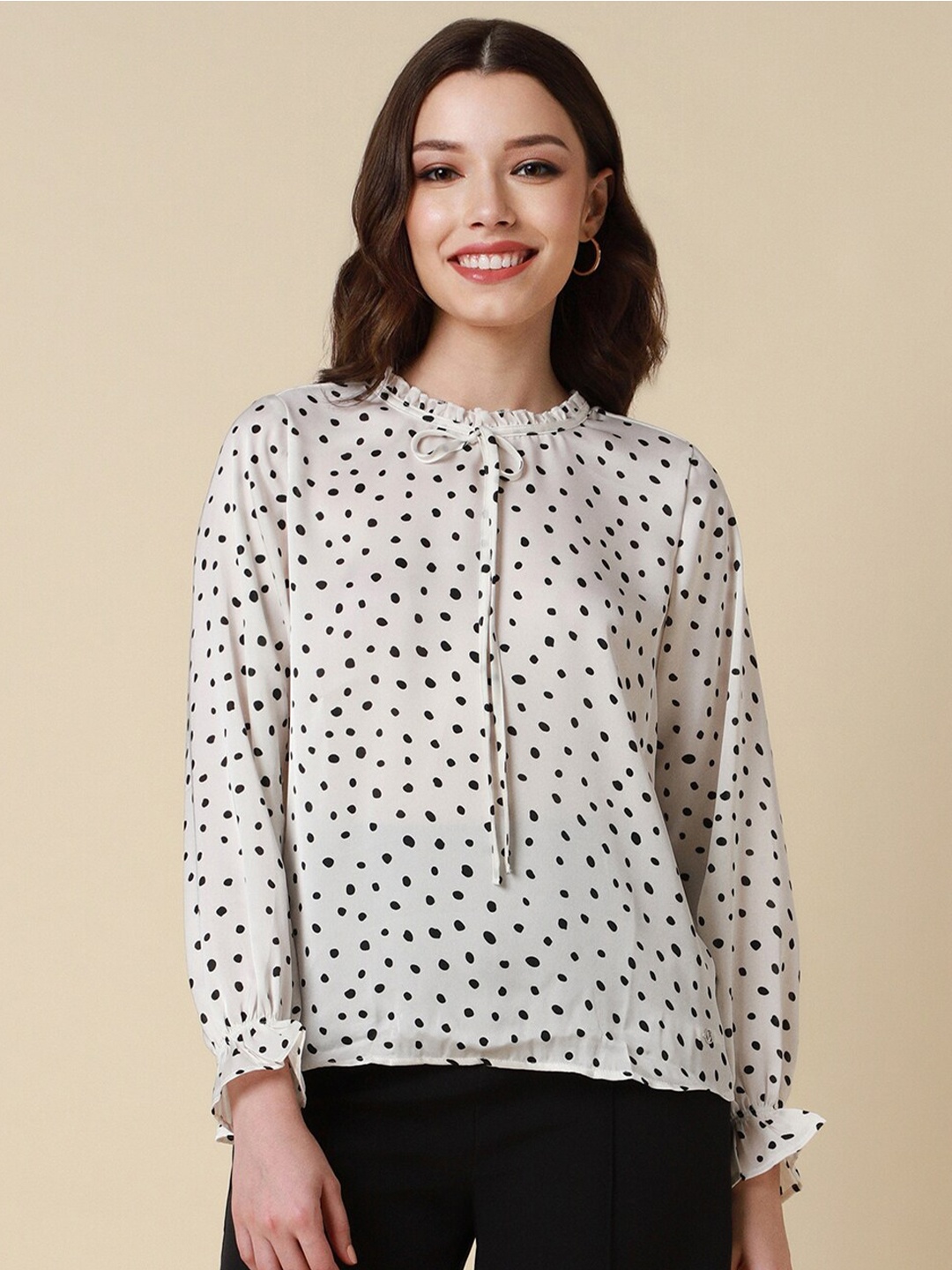 

Allen Solly Woman Polka Dot Printed Tie-Up Neck Top, White