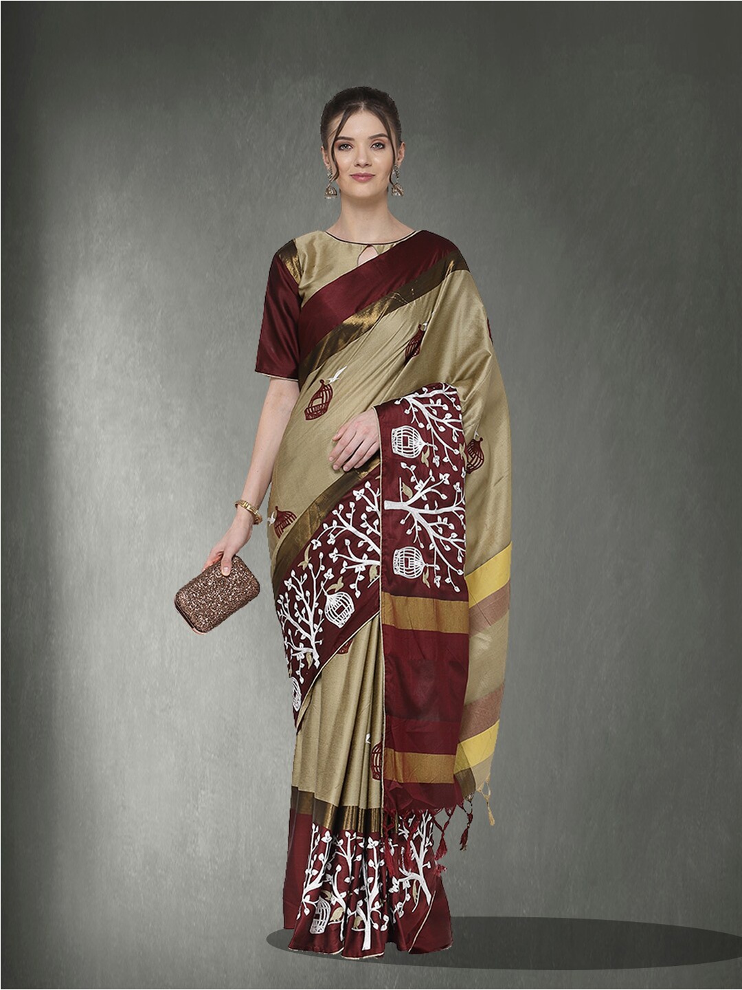 

KALINI Ethnic Motifs Embroidered Silk Cotton Saree, Beige