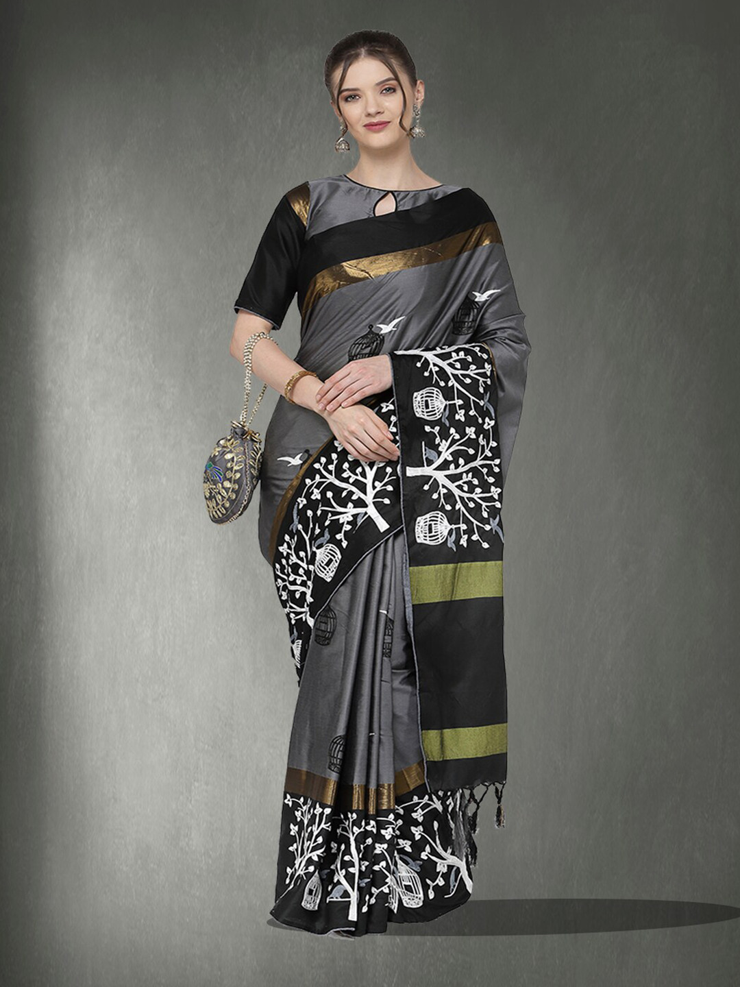 

KALINI Ethnic Motifs Embroidered Silk Cotton Saree, Grey
