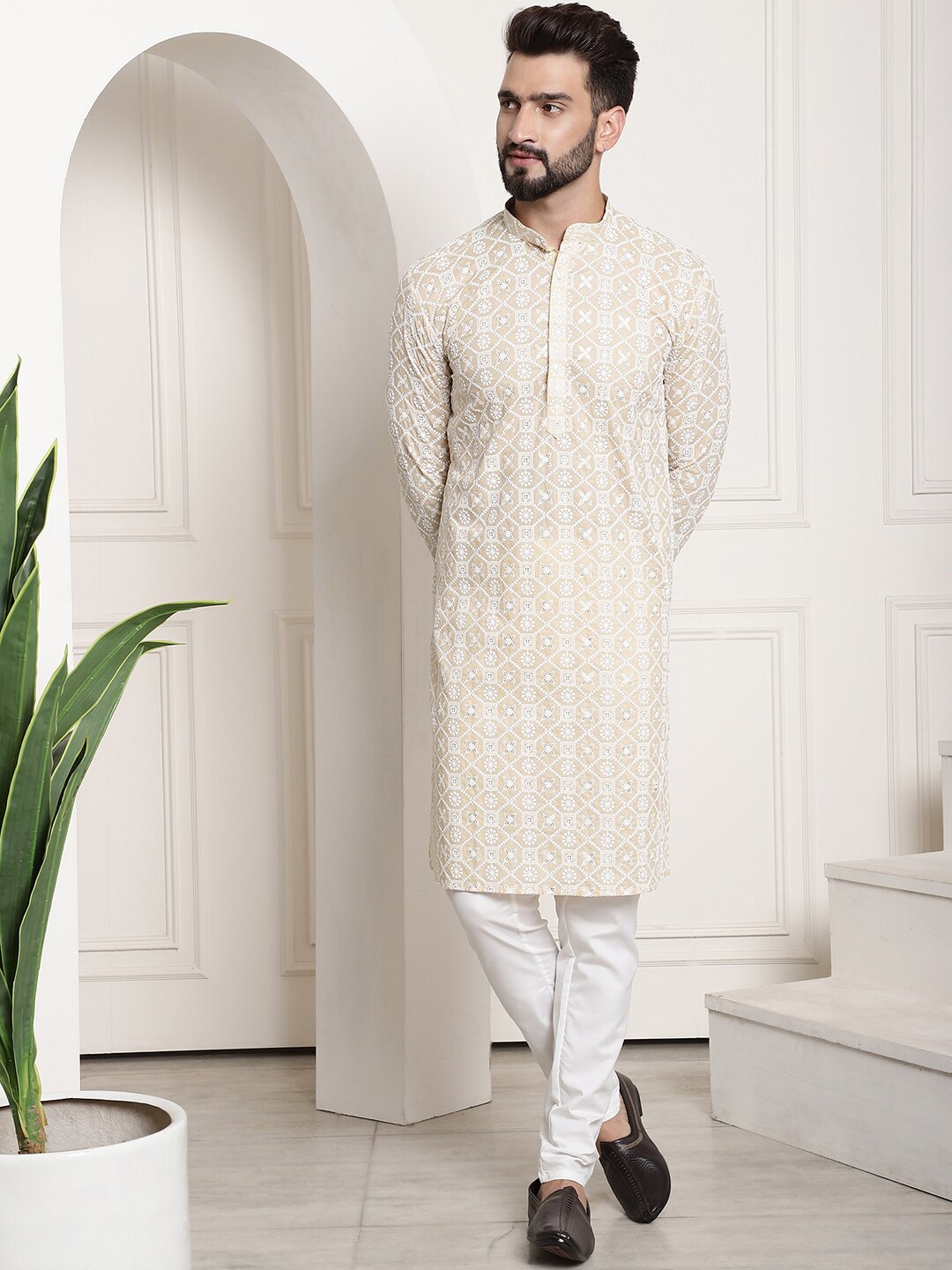 

SOJANYA Geometric Embroidered Mandarin Collar Pure Cotton Kurta With Churidar, Beige