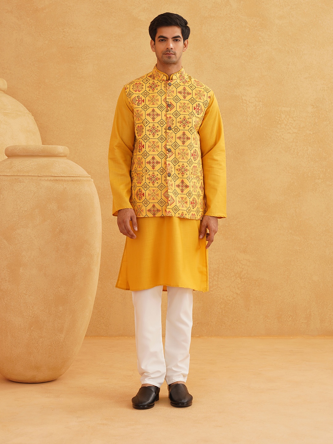 

SOJANYA Band Collar Pure Cotton Kurta With Churidar & Printed Nehru Jacket, Mustard