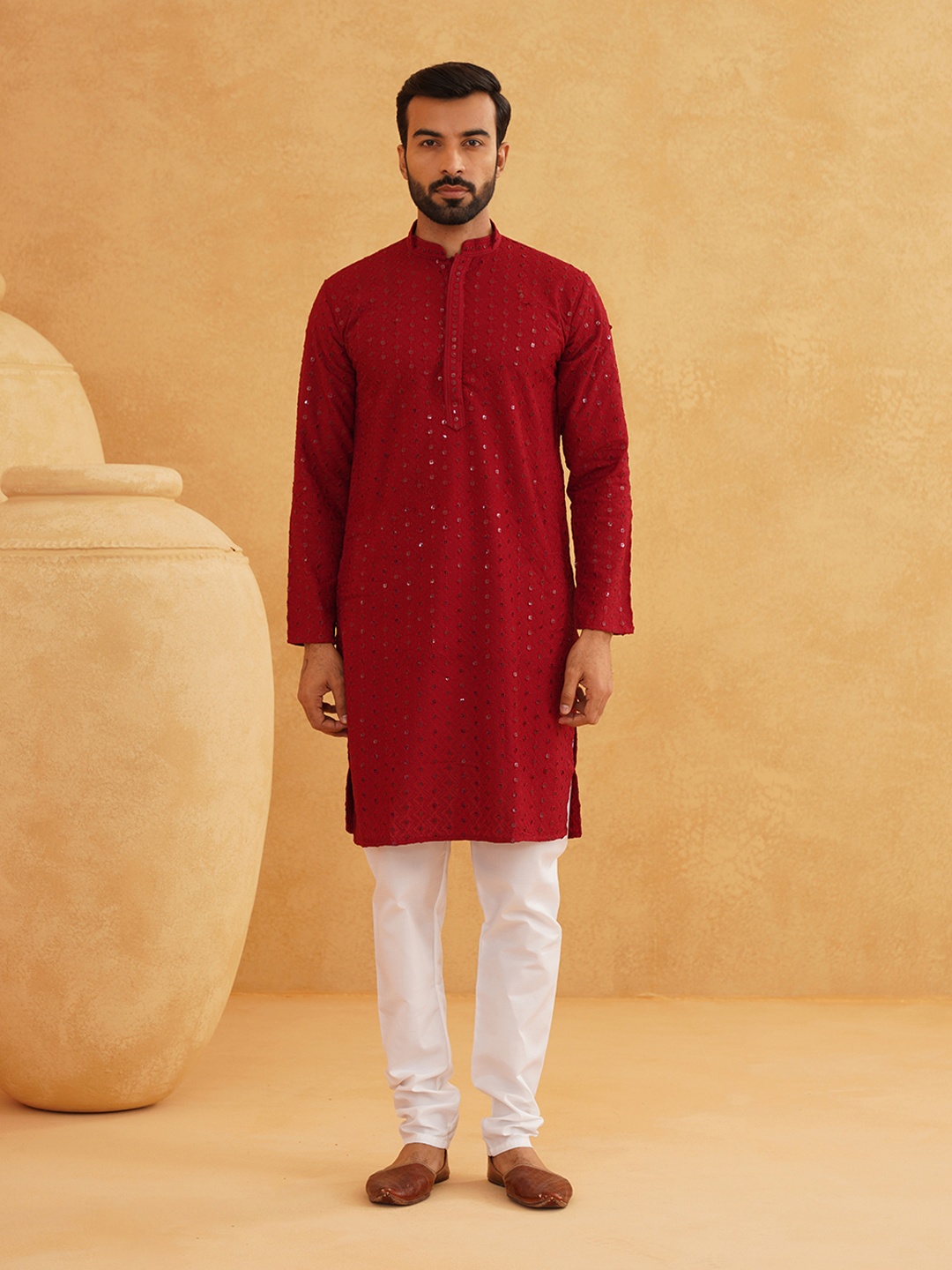 

SOJANYA Geometric Embroidered Mandarin Collar Long Sleeves Pure Cotton Kurta With Churidar, Maroon