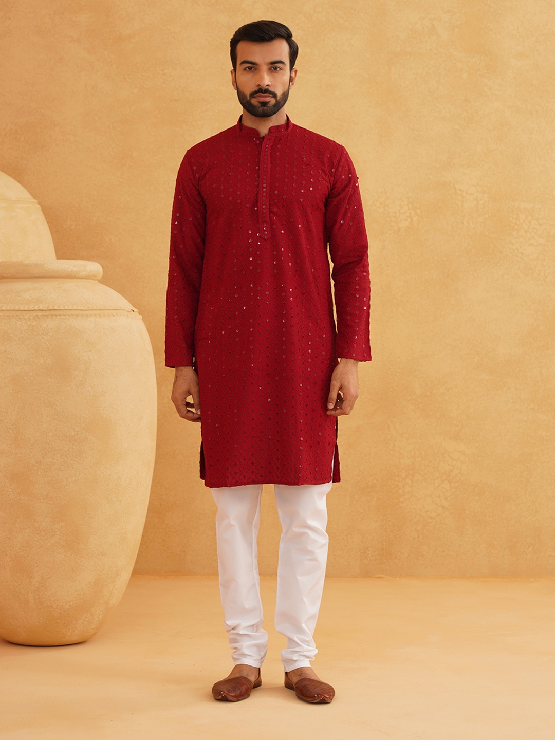 

SOJANYA Geometric Embroidered Mandarin Collar Long Sleeves Pure Cotton Kurta With Churidar, Maroon