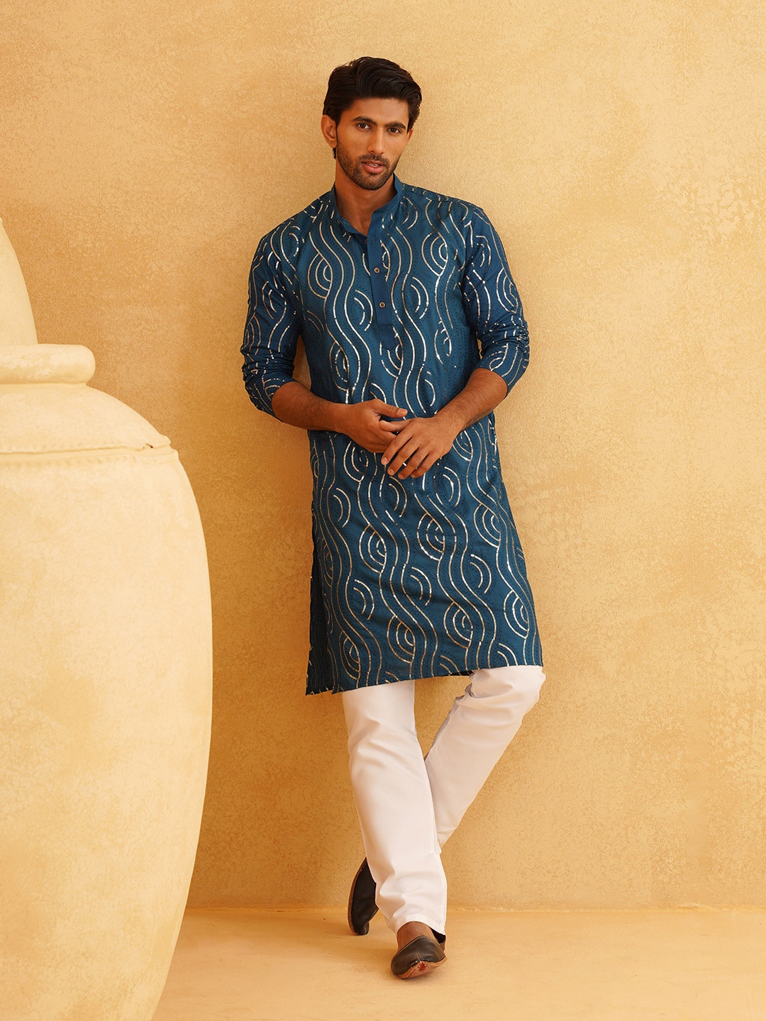 

SOJANYA Sequinned Embellished Regular Pure Cotton Kurta with Churidar, Teal