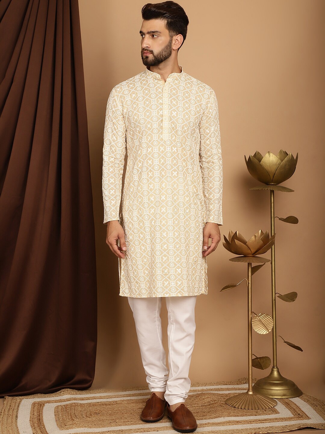 

SOJANYA Geometric Embroidered Band Collar Long Sleeves Pure Cotton Kurta With Churidar, Beige