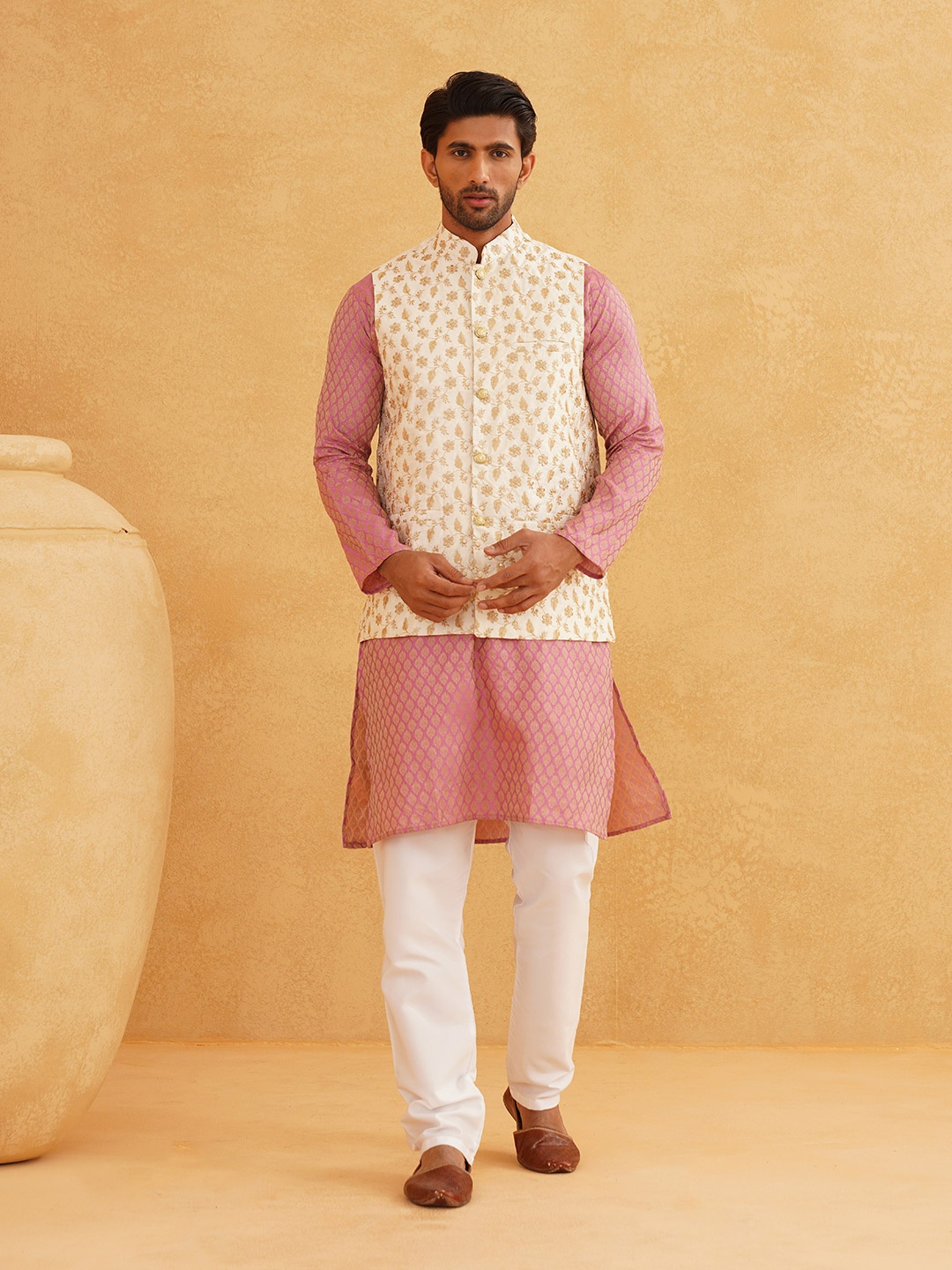 

SOJANYA Ethnic Motifs Woven Design Band Collar Kurta With Churidar & Nehru jacket, Pink