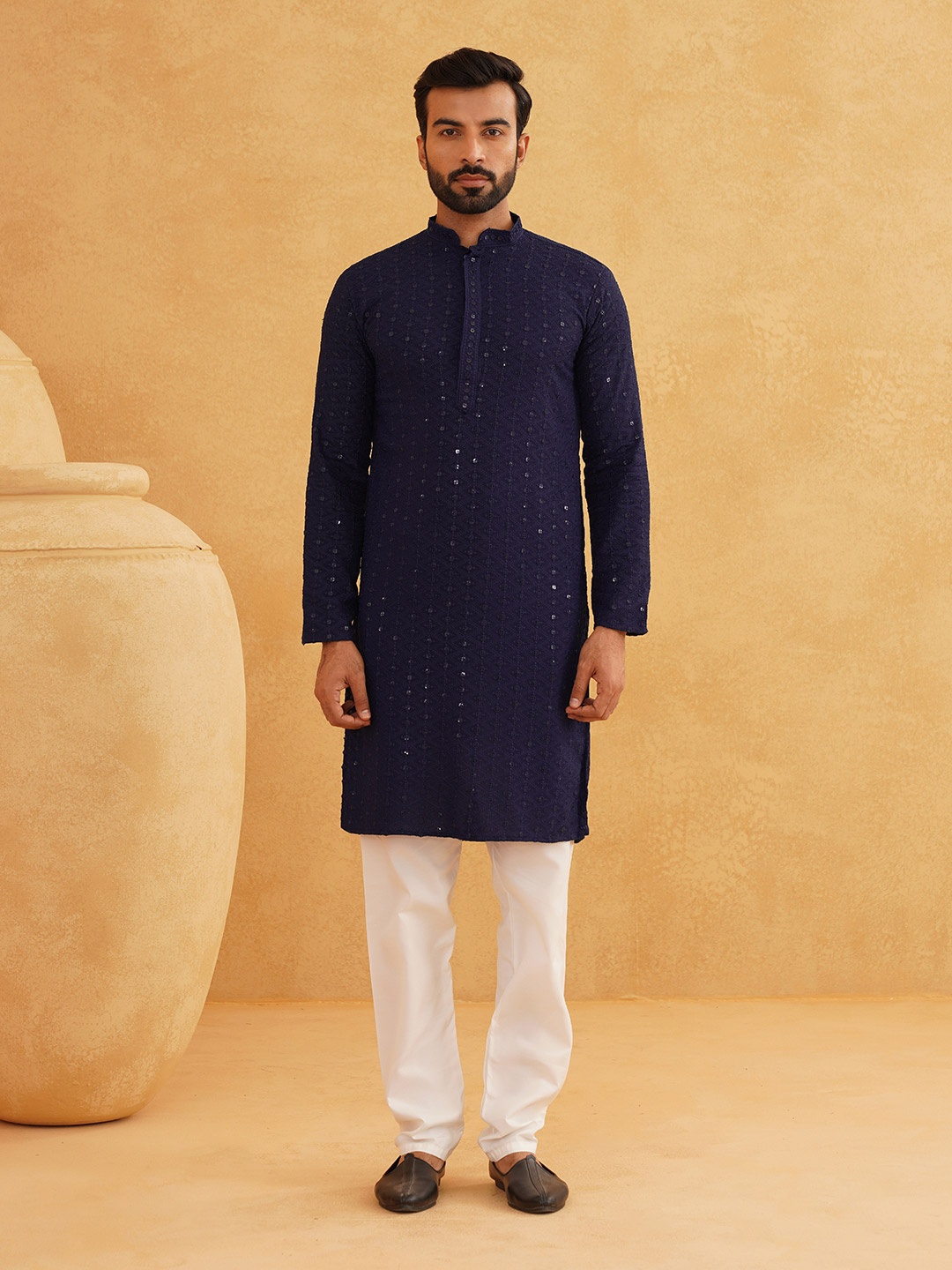 

SOJANYA Geometric Embroidered Mandarin Collar Sequinned Pure Cotton Kurta with Churidar, Navy blue