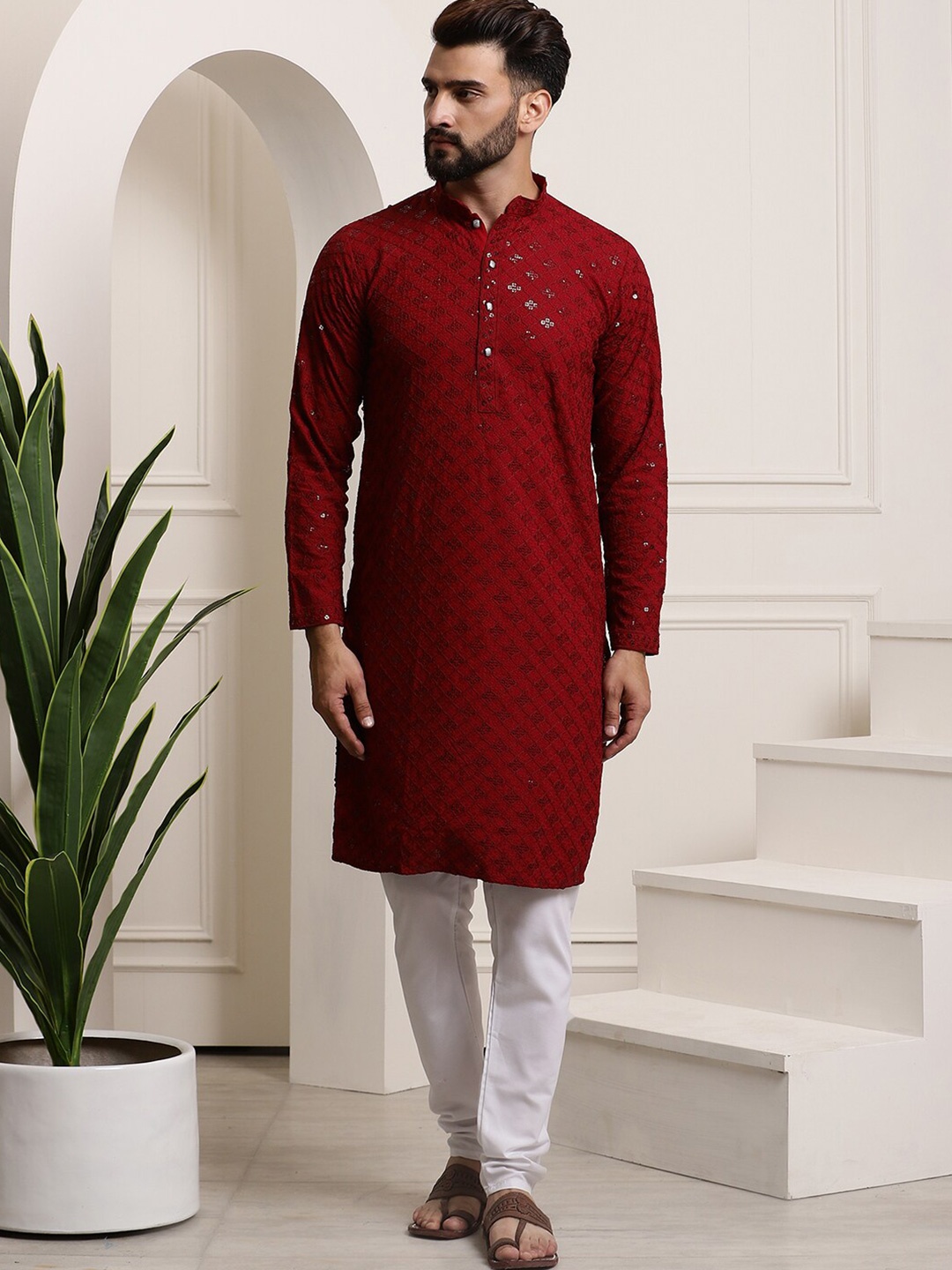 

SOJANYA Ethnic Motifs Embroidered Sequinned Pure Cotton Kurta with Churidar, Maroon