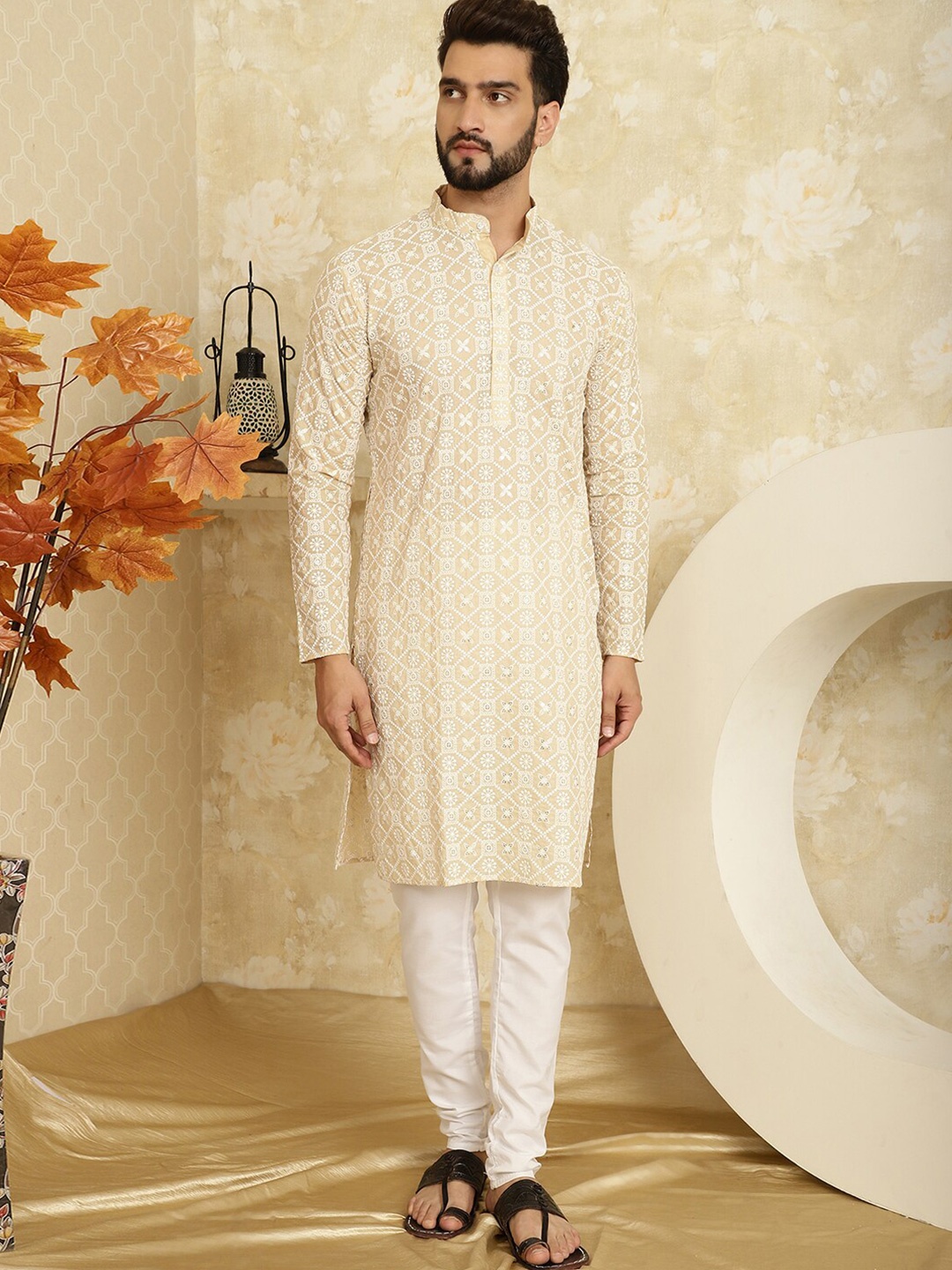 

SOJANYA Ethnic Motifs Embroidered Regular Pure Cotton Kurta With Churidar, Beige