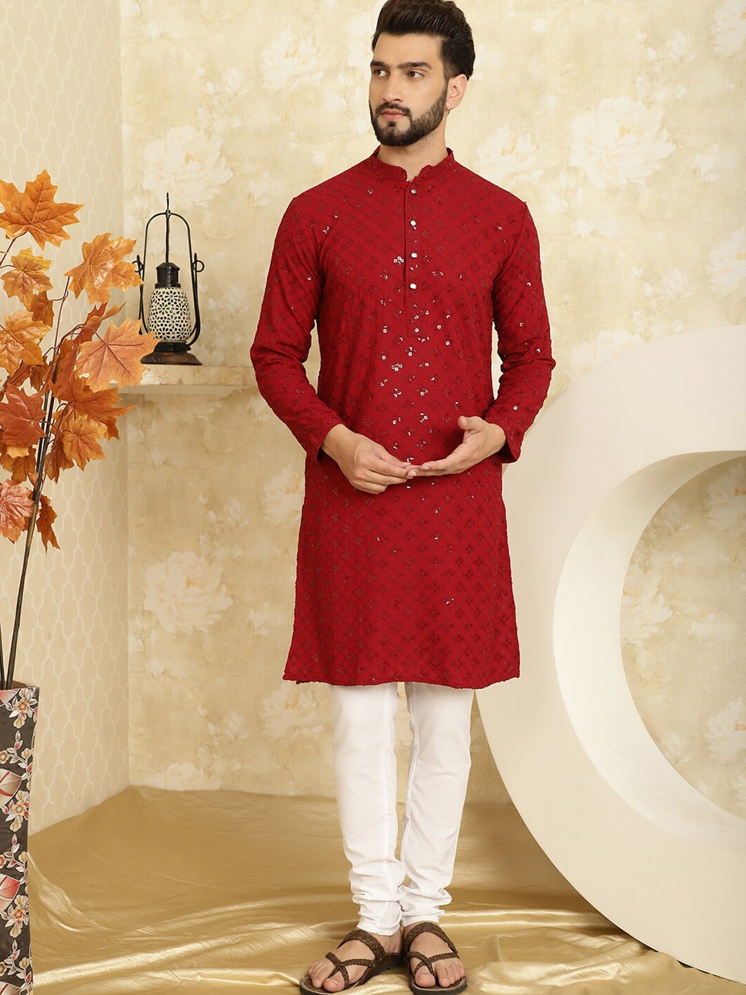 

SOJANYA Embroidered Sequinned Pure Cotton Kurta With Churidar, Maroon