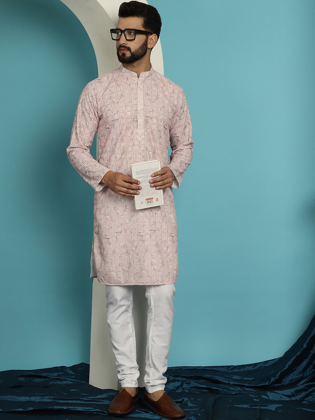 

SOJANYA Floral Embroidered Band Collar Pure Cotton Kurta With Churidar, Pink