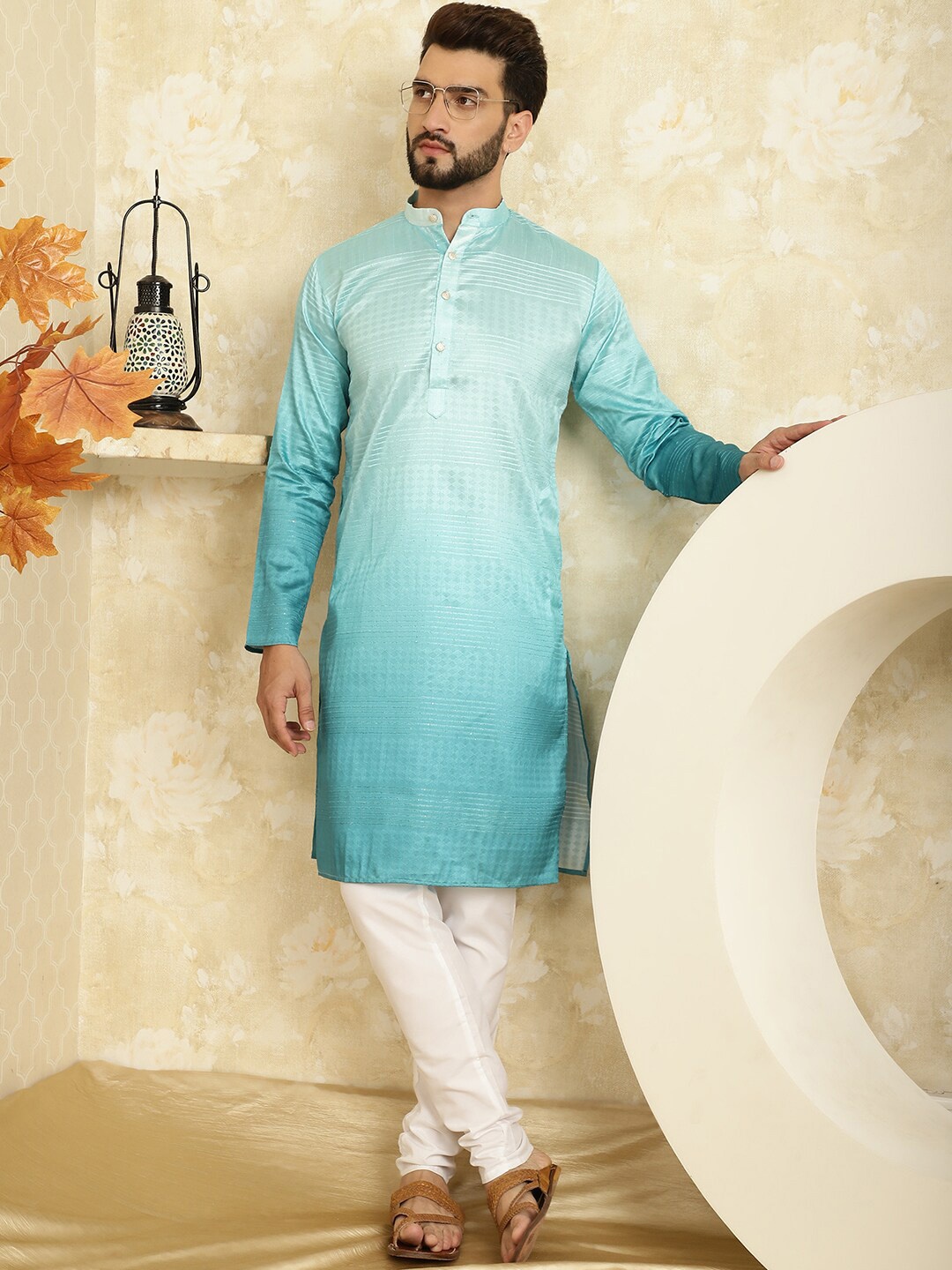 

SOJANYA Geometric Woven Design Kurta With Churidar, Sea green