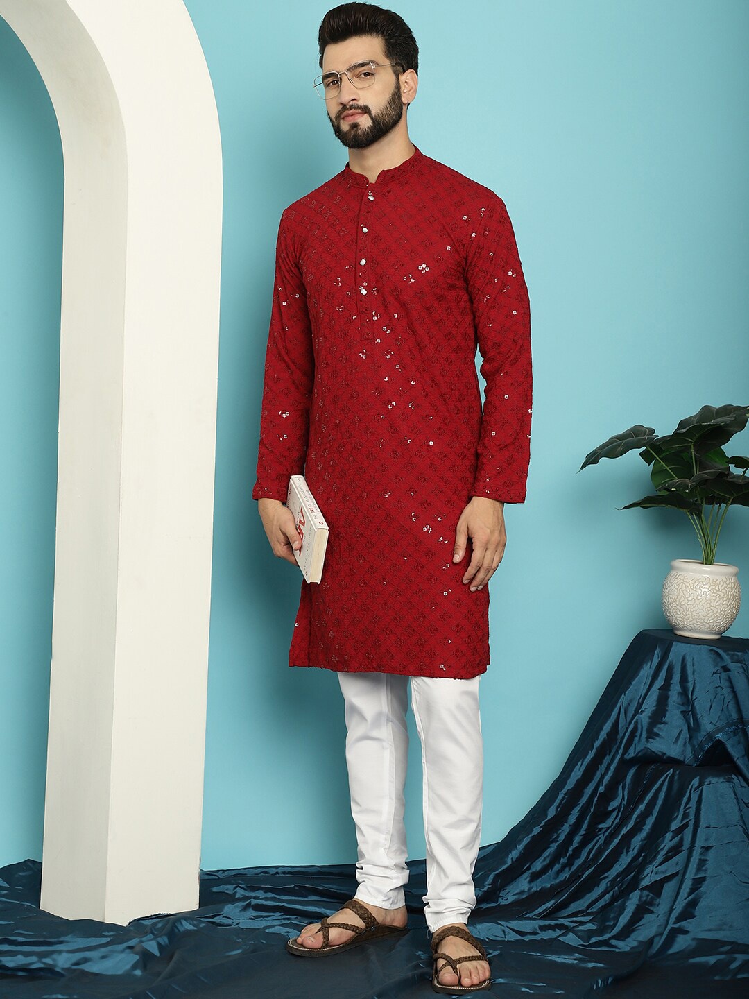 

SOJANYA Embroidered Sequinned Pure Cotton Kurta With Churidar, Maroon