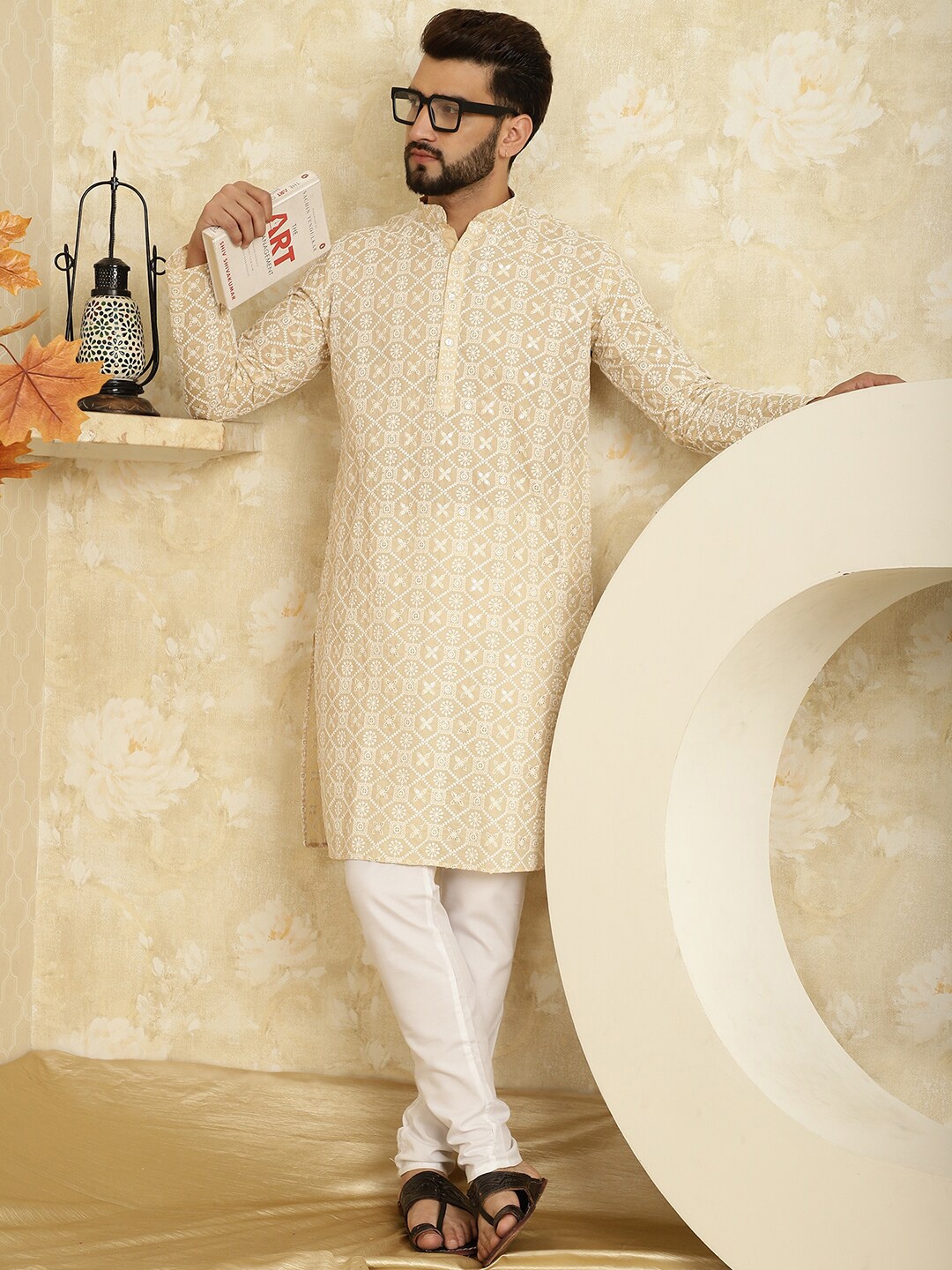 

SOJANYA Ethnic Motifs Embroidered Thread Work Pure Cotton Straight Kurta with Churidar, Beige