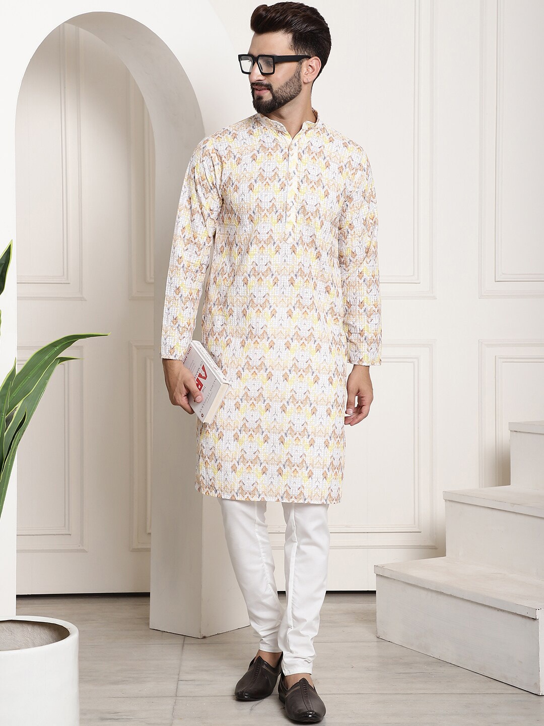 

SOJANYA Ethnic Motifs Embroidered Mandarin Collar Pure Cotton Kurta with Churidar, Yellow