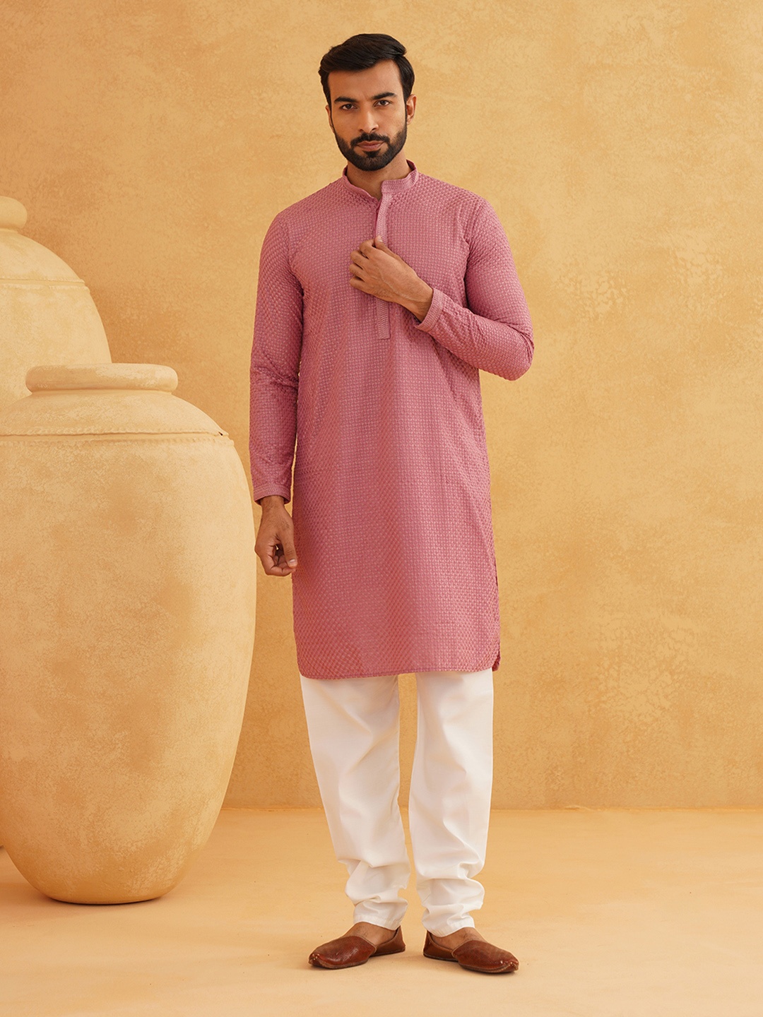 

SOJANYA Geometric Embroidered Mandarin Collar Pure Cotton Kurta with Churidar, Coral