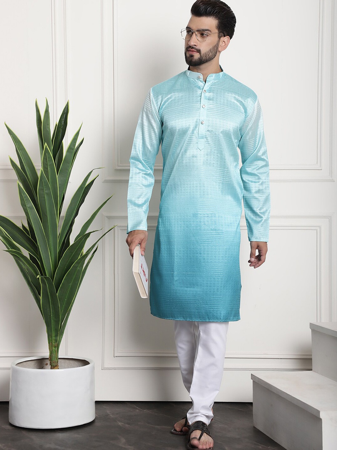 

SOJANYA Striped Band Collar Long Sleeves Regular Kurta With Churidar, Sea green