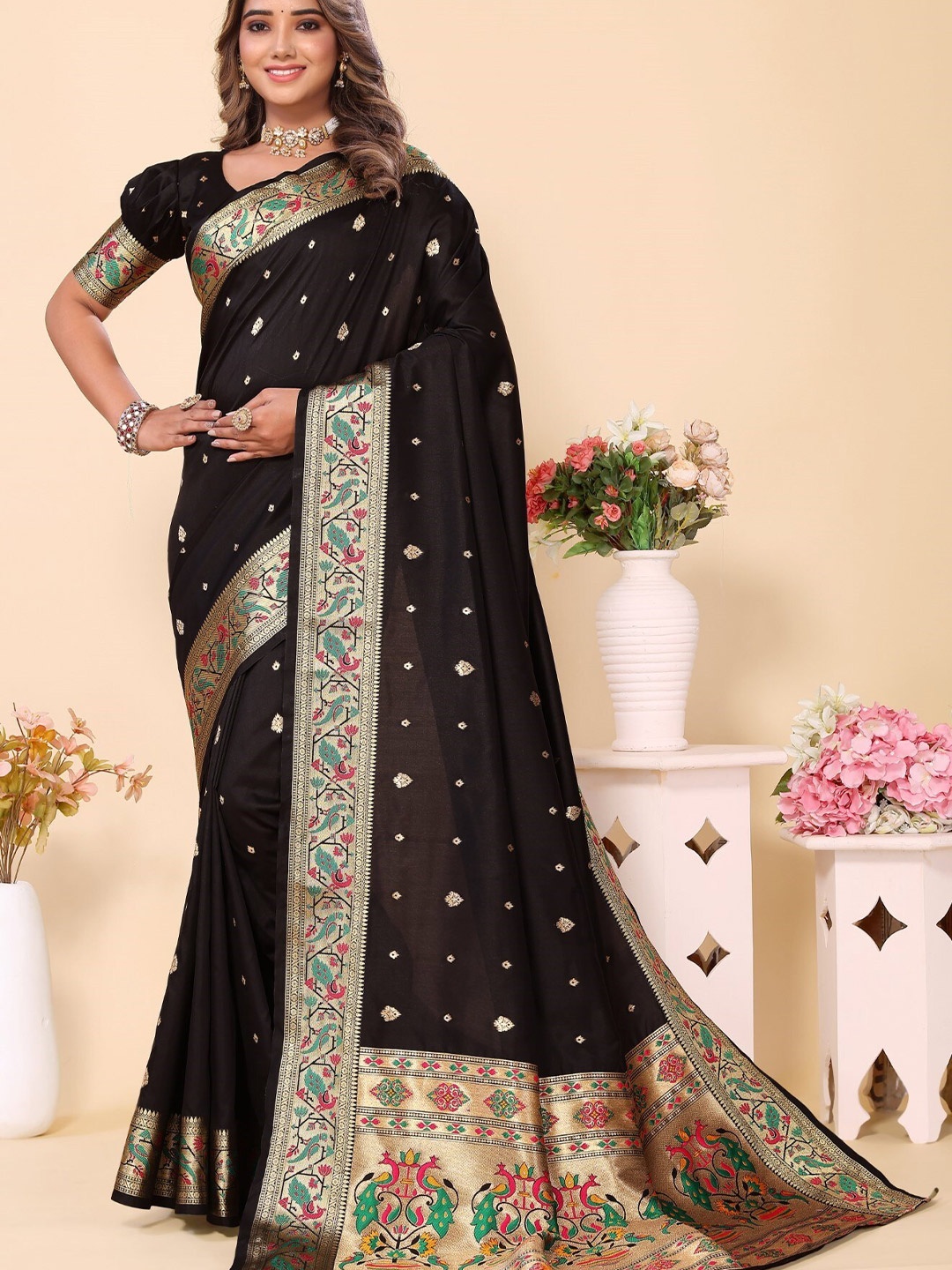 

LeeliPeeri Designer Ethnic Motifs Woven Design Zari Paithani Saree, Black