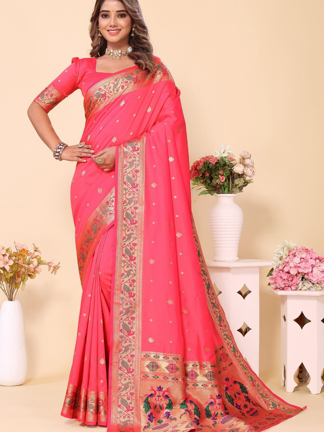 

LeeliPeeri Designer Ethnic Motifs Woven Design Zari Paithani Saree, Peach