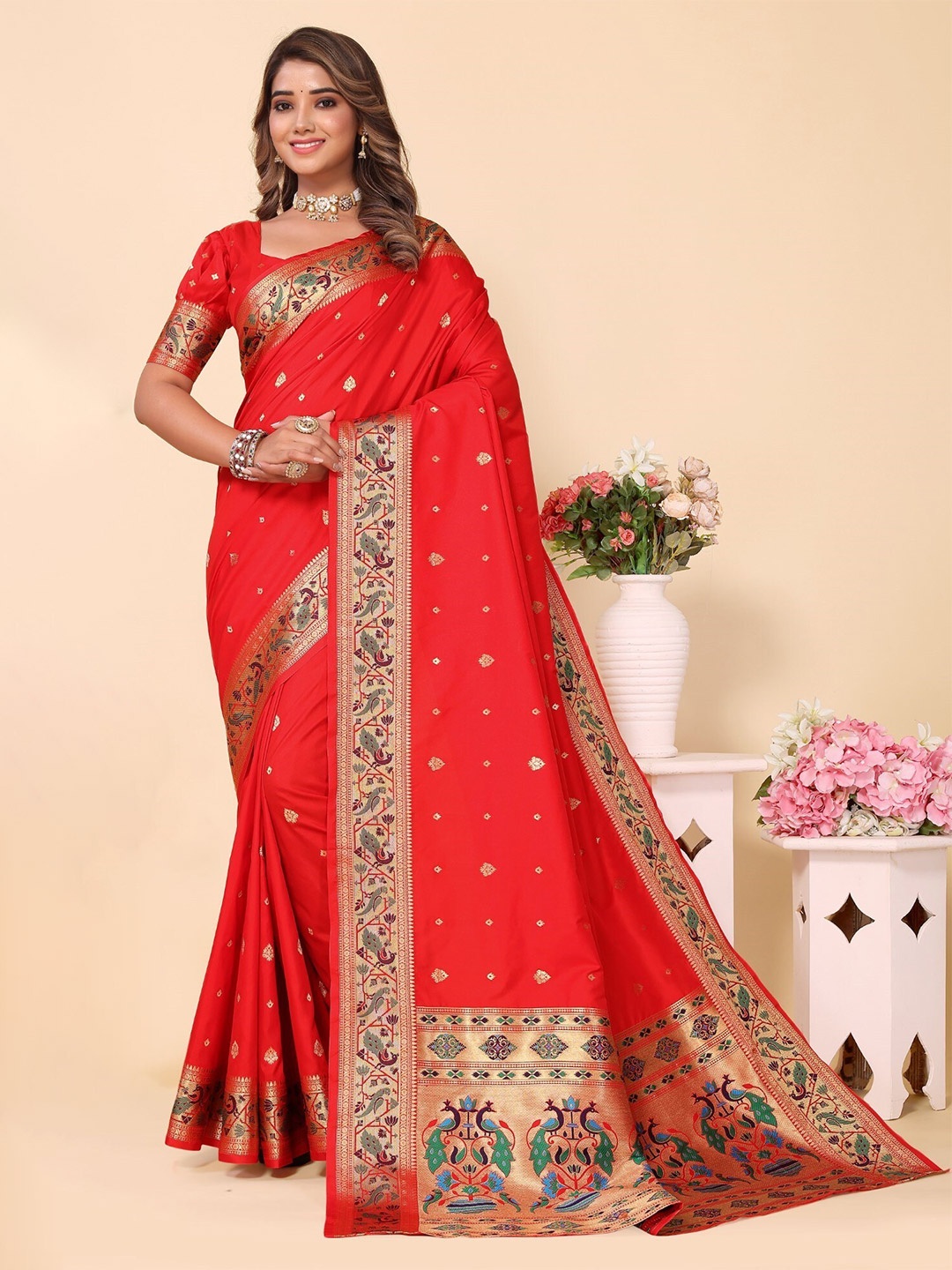 

LeeliPeeri Designer Woven Design Zari Silk Paithani Saree, Red