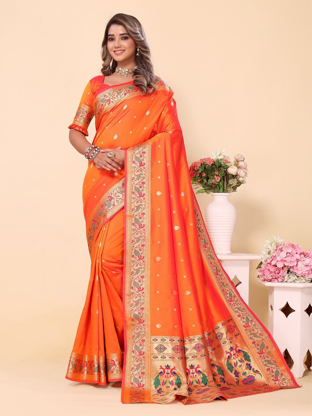 

LeeliPeeri Designer Woven Design Zari Silk Paithani Saree, Orange