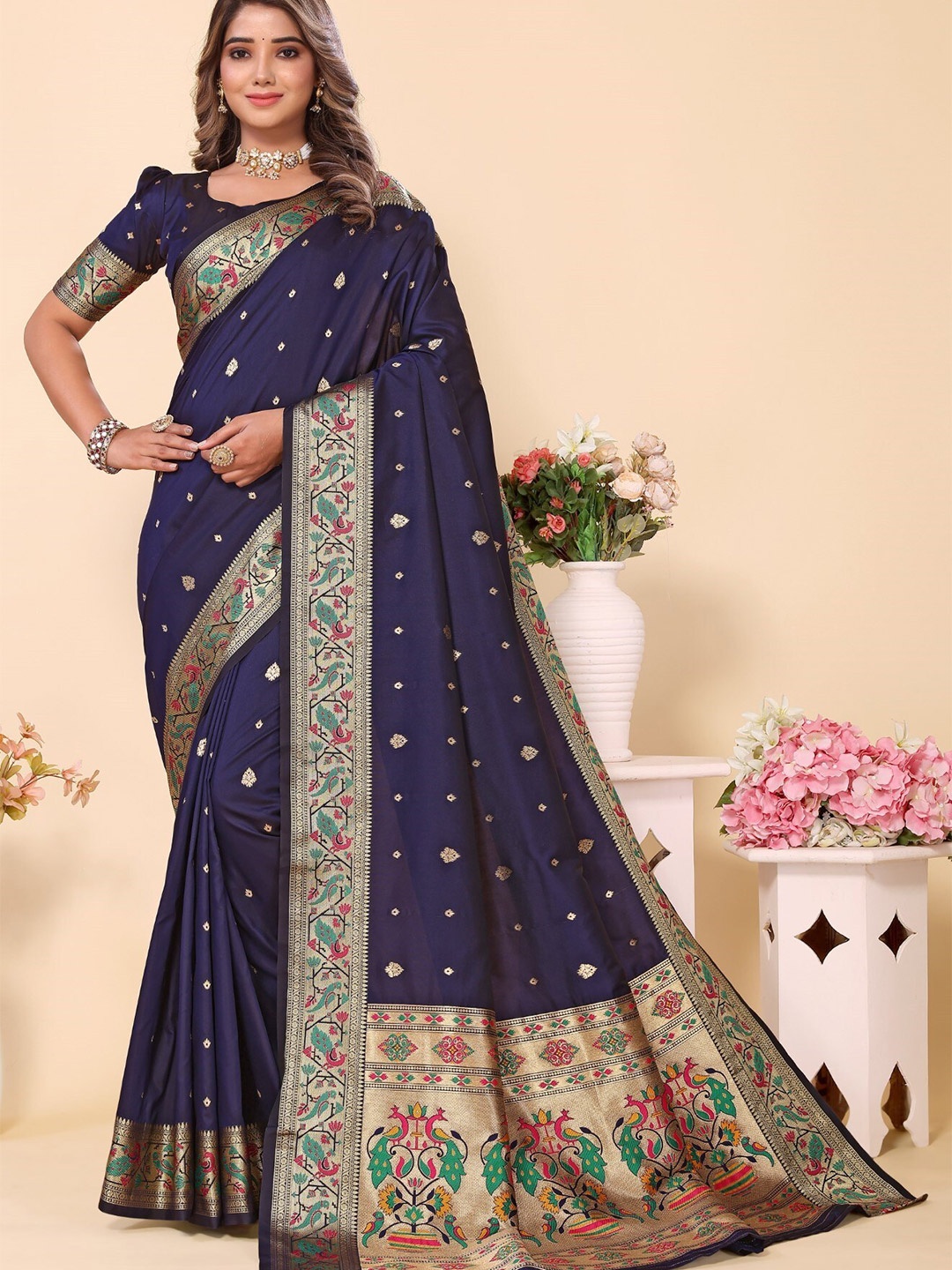 

LeeliPeeri Designer Woven Design Zari Silk Paithani Saree, Navy blue