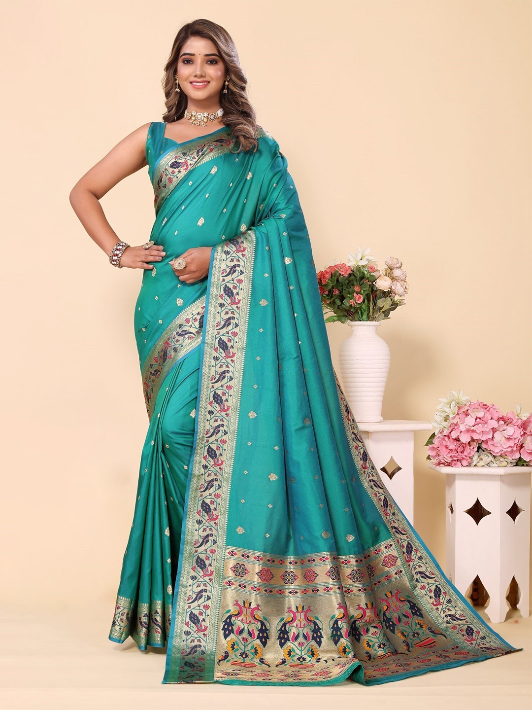 

LeeliPeeri Designer Woven Design Zari Silk Paithani Saree, Teal