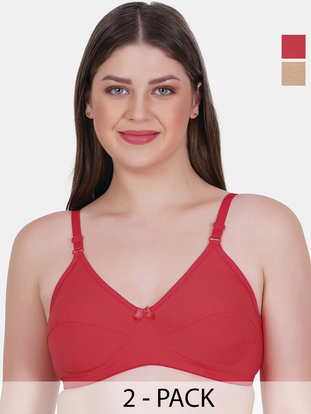 

Reveira Pack Of 2 Medium Coverage Non Padded Everyday Bras With All Day Comfort, Red