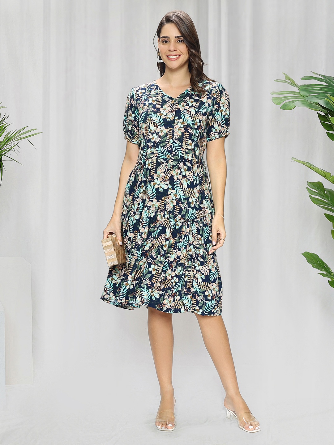 

MomToBe Floral Printed Maternity A-Line Midi Dress, Blue