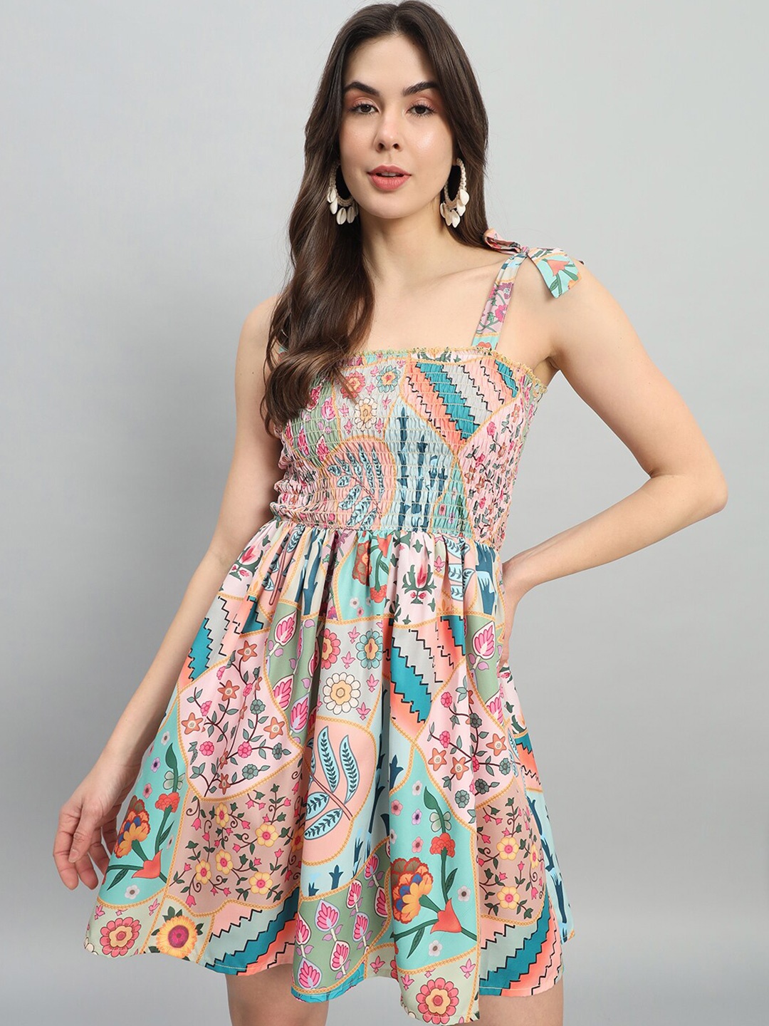

The Dry State Green & Orange Floral Printed Fit & Flare Dress