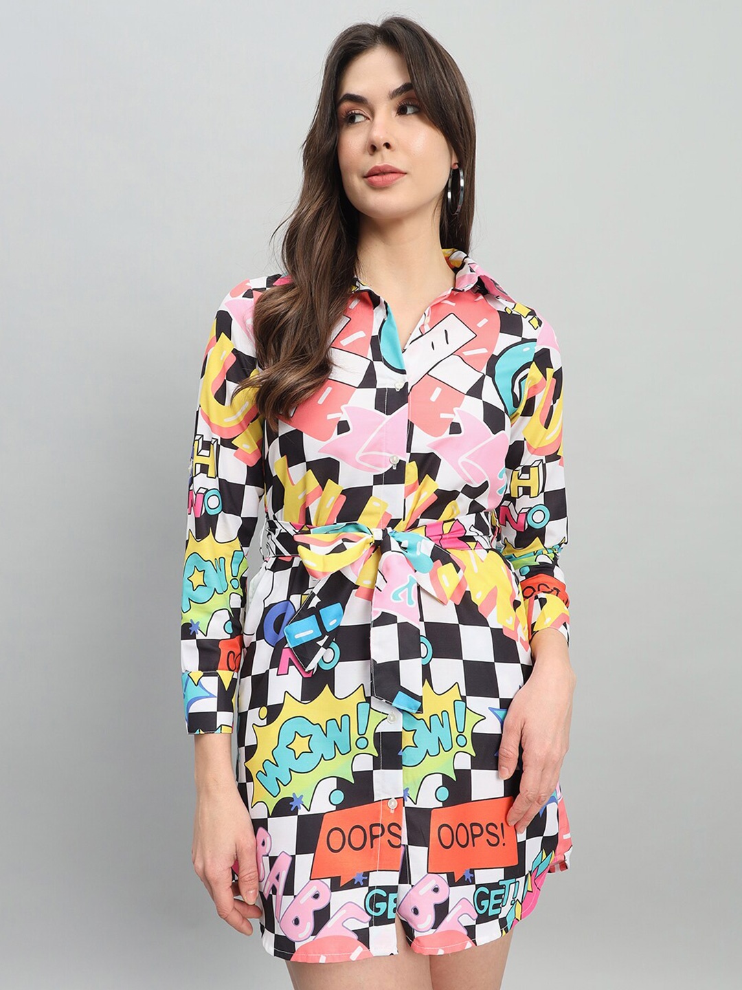 

The Dry State White Conversational Printed Shirt Style Mini Dress