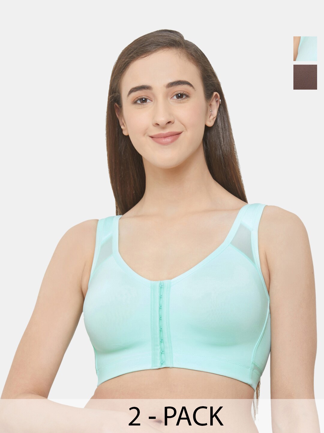 

Soie Pack Of 2 Front Closure Full Coverage Non Padded Non Wired Posture Correction Bra, Brown