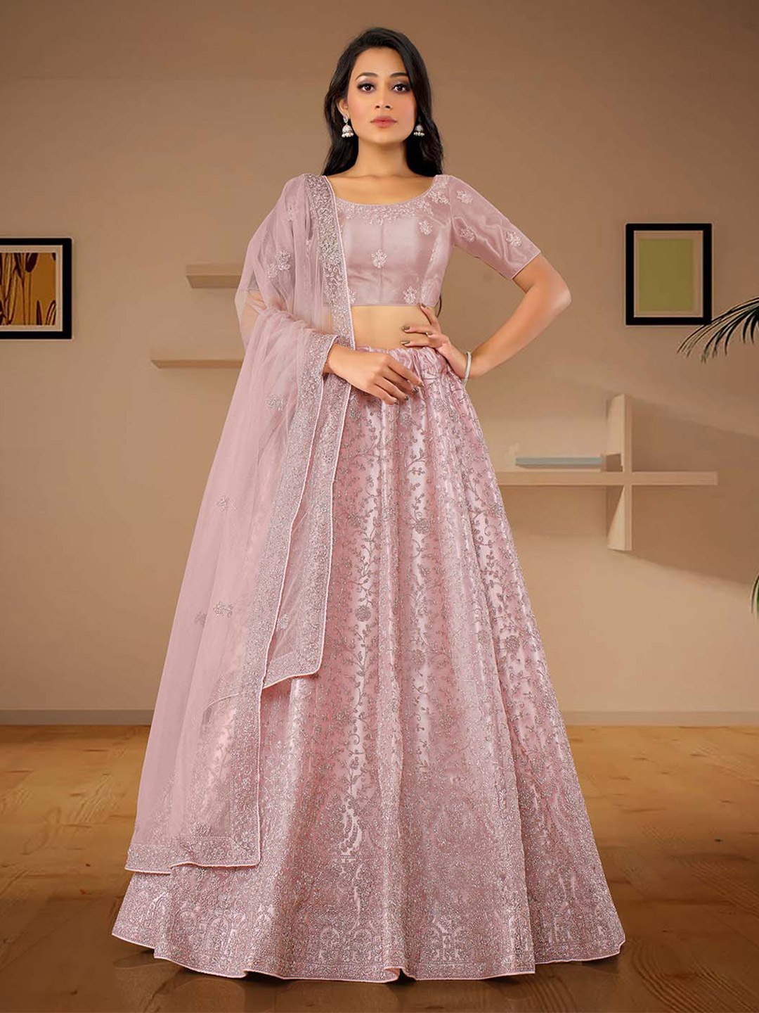 

HALFSAREE STUDIO Embroidered Semi-Stitched Lehenga & Unstitched Blouse With Dupatta, Pink