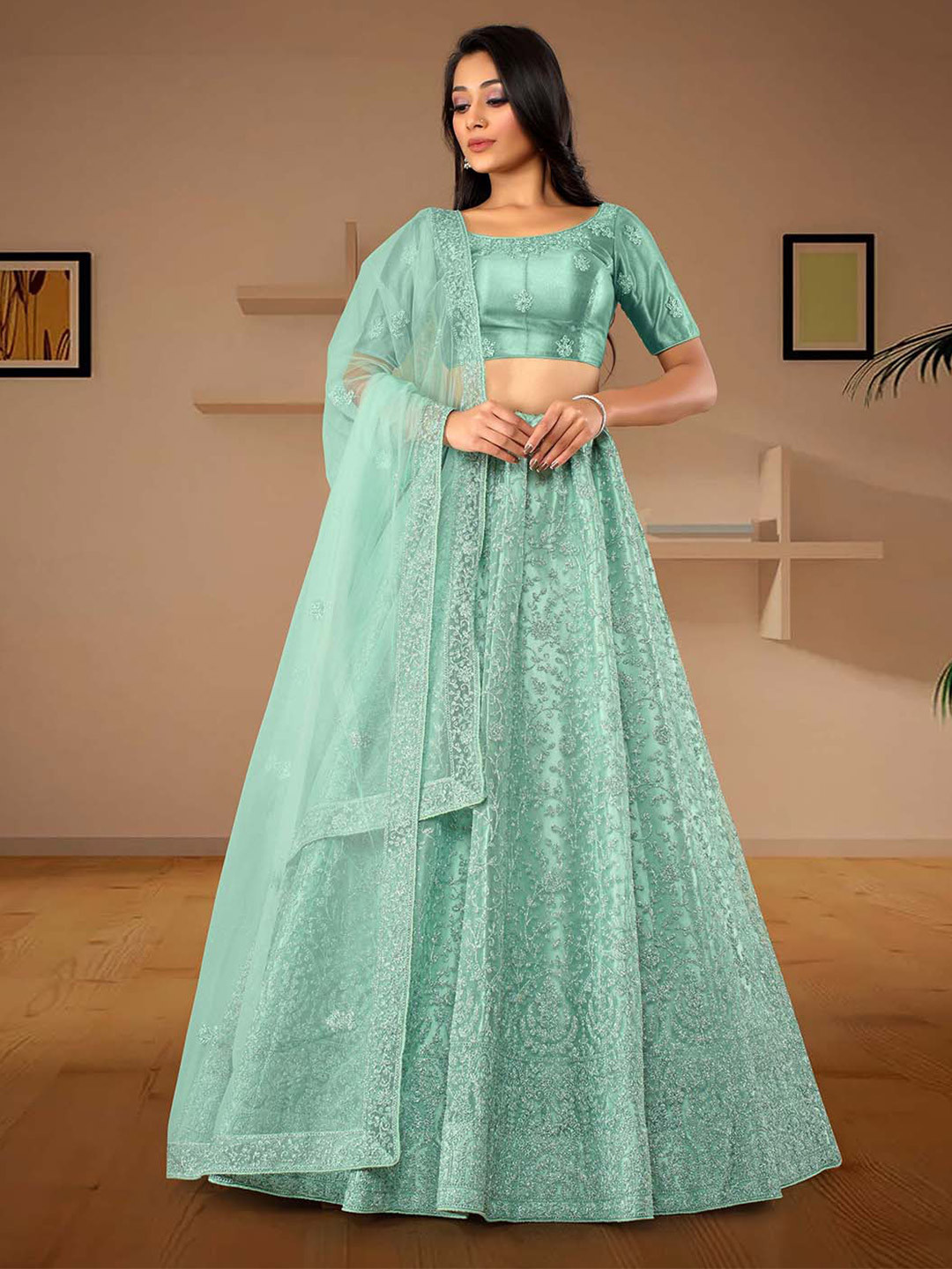 

HALFSAREE STUDIO Embroidered Semi-Stitched Lehenga & Unstitched Blouse With Dupatta, Green