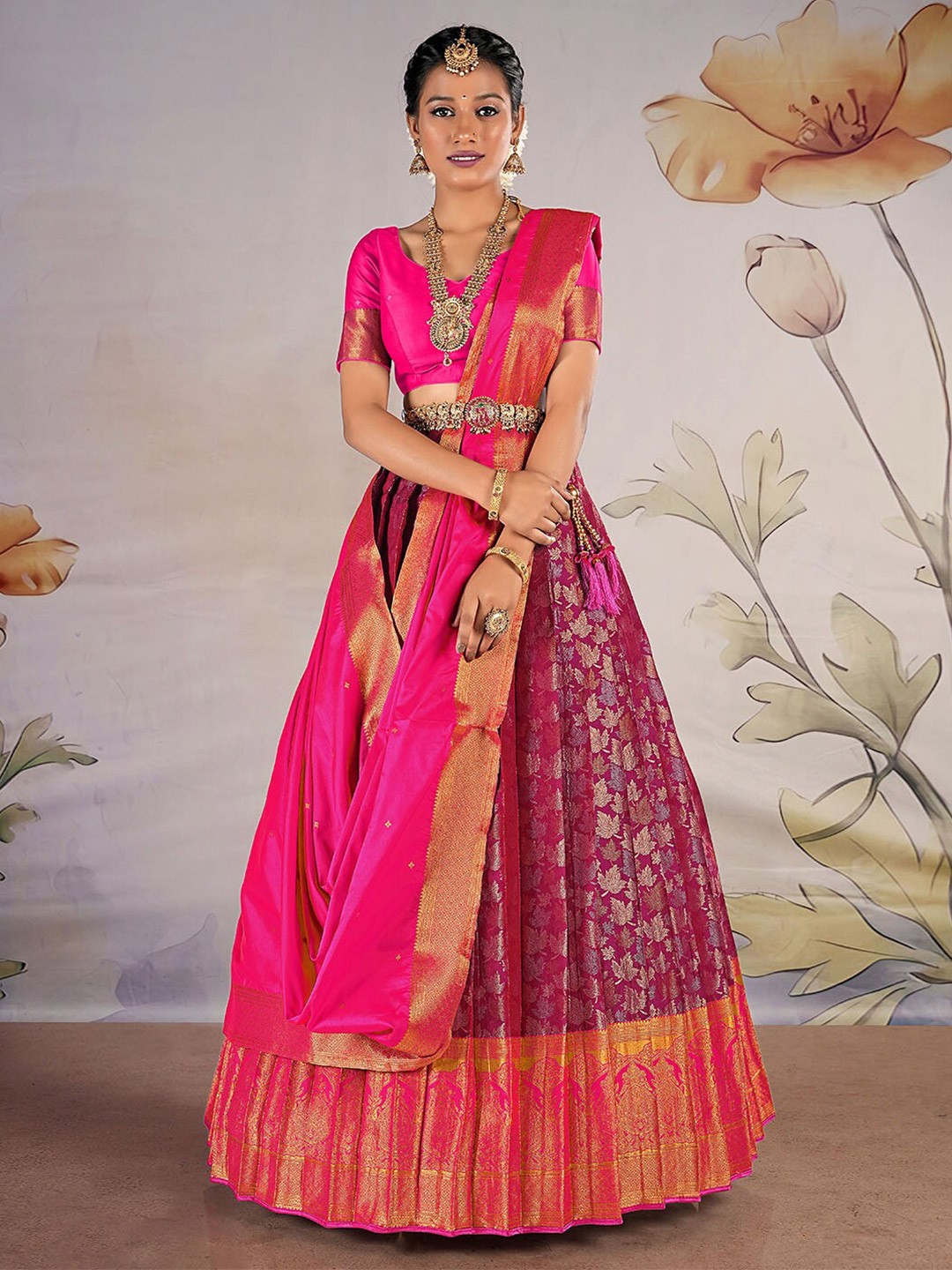 

HALFSAREE STUDIO Semi-Stitched Lehenga & Unstitched Blouse With Dupatta, Magenta