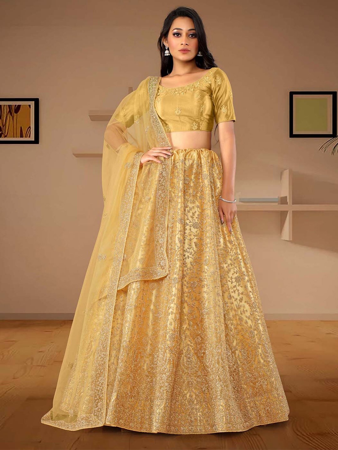 

HALFSAREE STUDIO Embroidered Semi-Stitched Lehenga & Unstitched Blouse With Dupatta, Cream