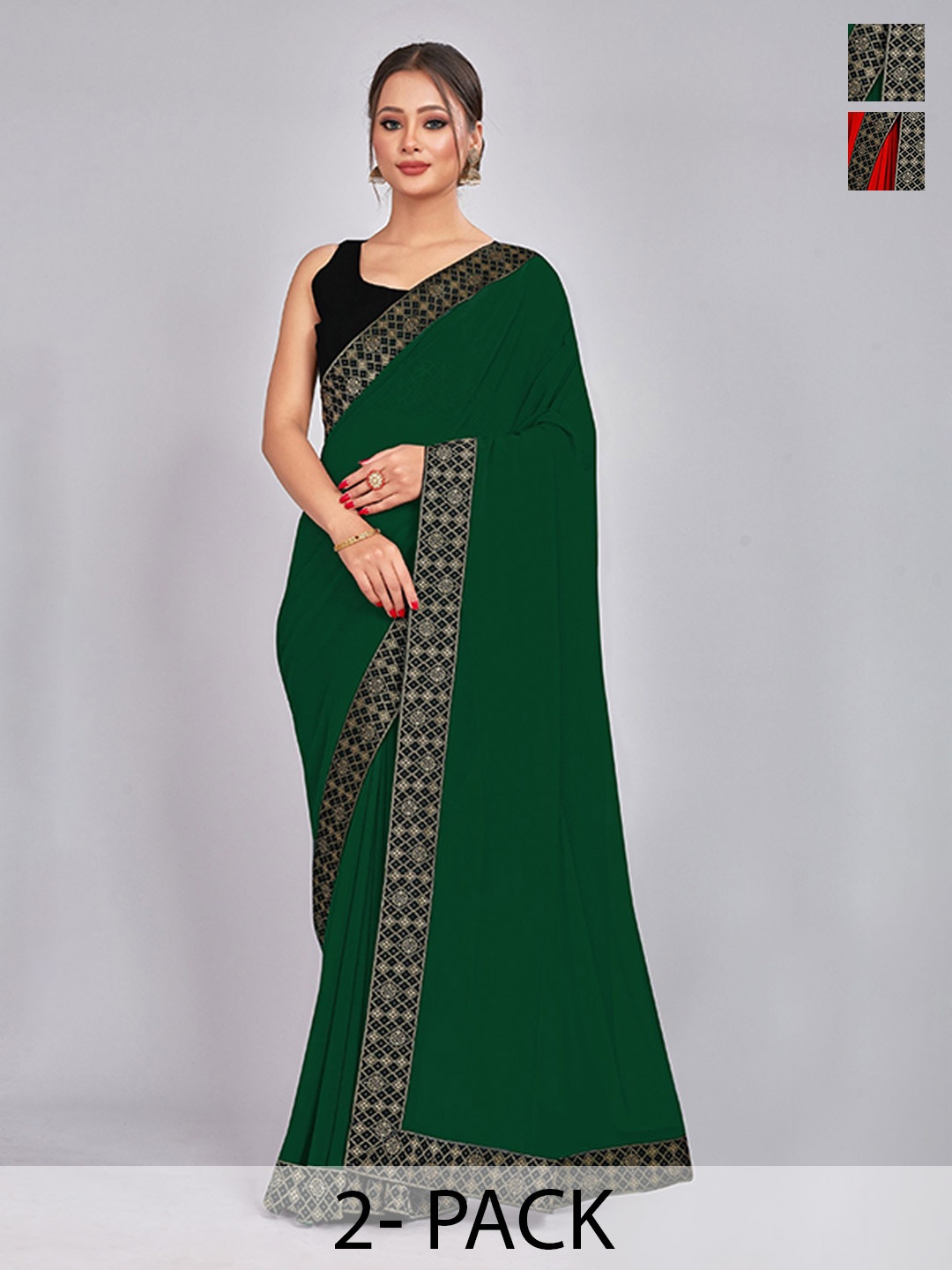 

CastilloFab Selection Of 2 Woven Design Pure Georgette Sarees, Green