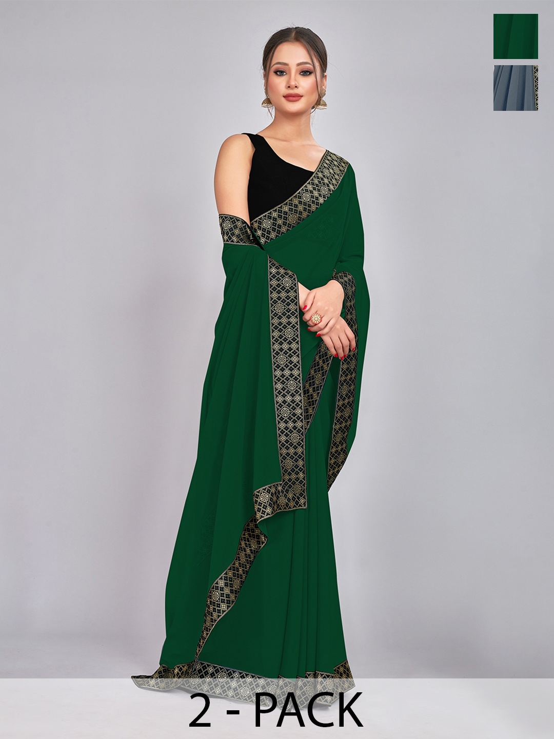 

CastilloFab Selection Of 2 Ethnic Pure Georgette Sarees, Green