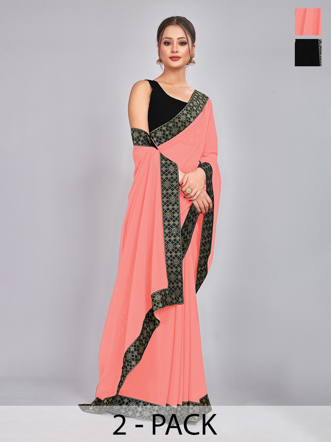 

CastilloFab Selection Of 2 Zari Pure Georgette Saree, Black