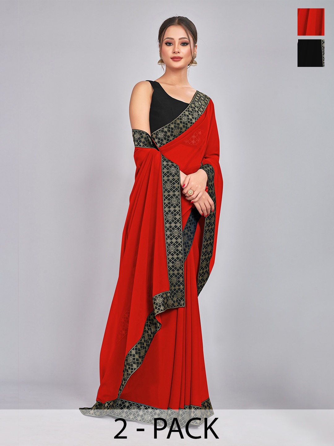 

CastilloFab Selection of 2 Zari Pure Georgette Saree, Black