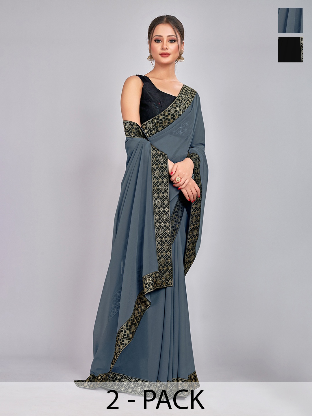 

CastilloFab Pack of 2 Woven Design Georgette Saree With Lace Border, Black