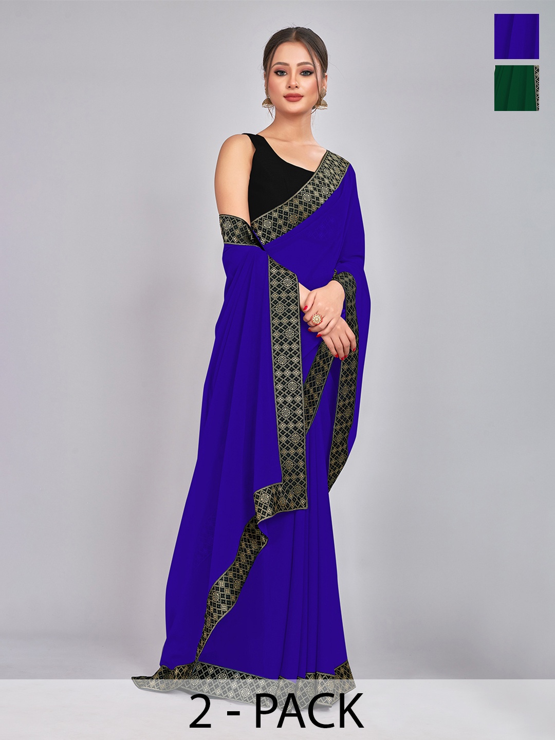 

CastilloFab Selection Of 2 Woven Design Georgette Saree With Lace Border, Green