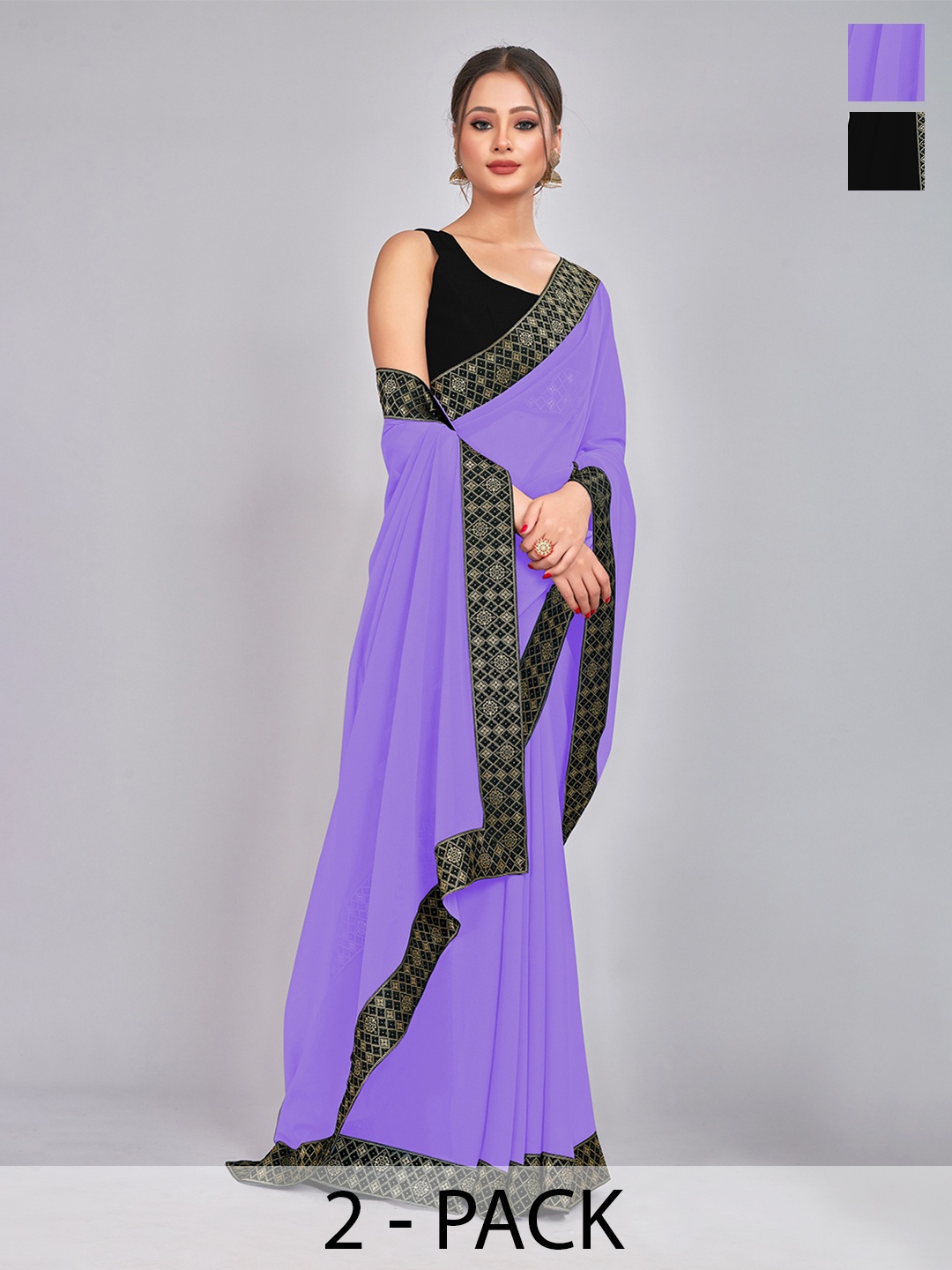 

CastilloFab Pack of 2 Woven Design Georgette Saree With Lace Border, Black