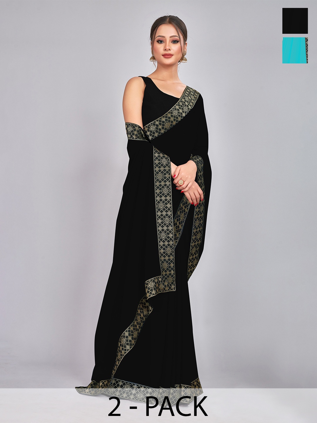 

CastilloFab Pack of 2 Gotta Patti Pure Georgette Saree, Black