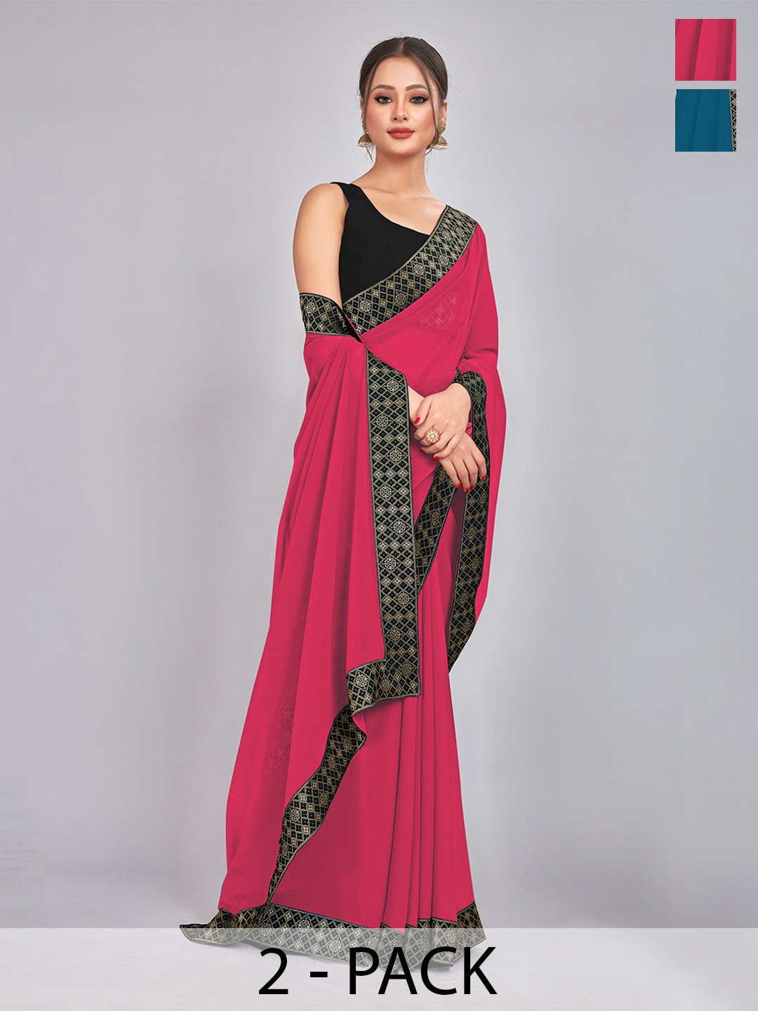 

CastilloFab Pack Of 2 Woven Design Pure Georgette Sarees, Rose
