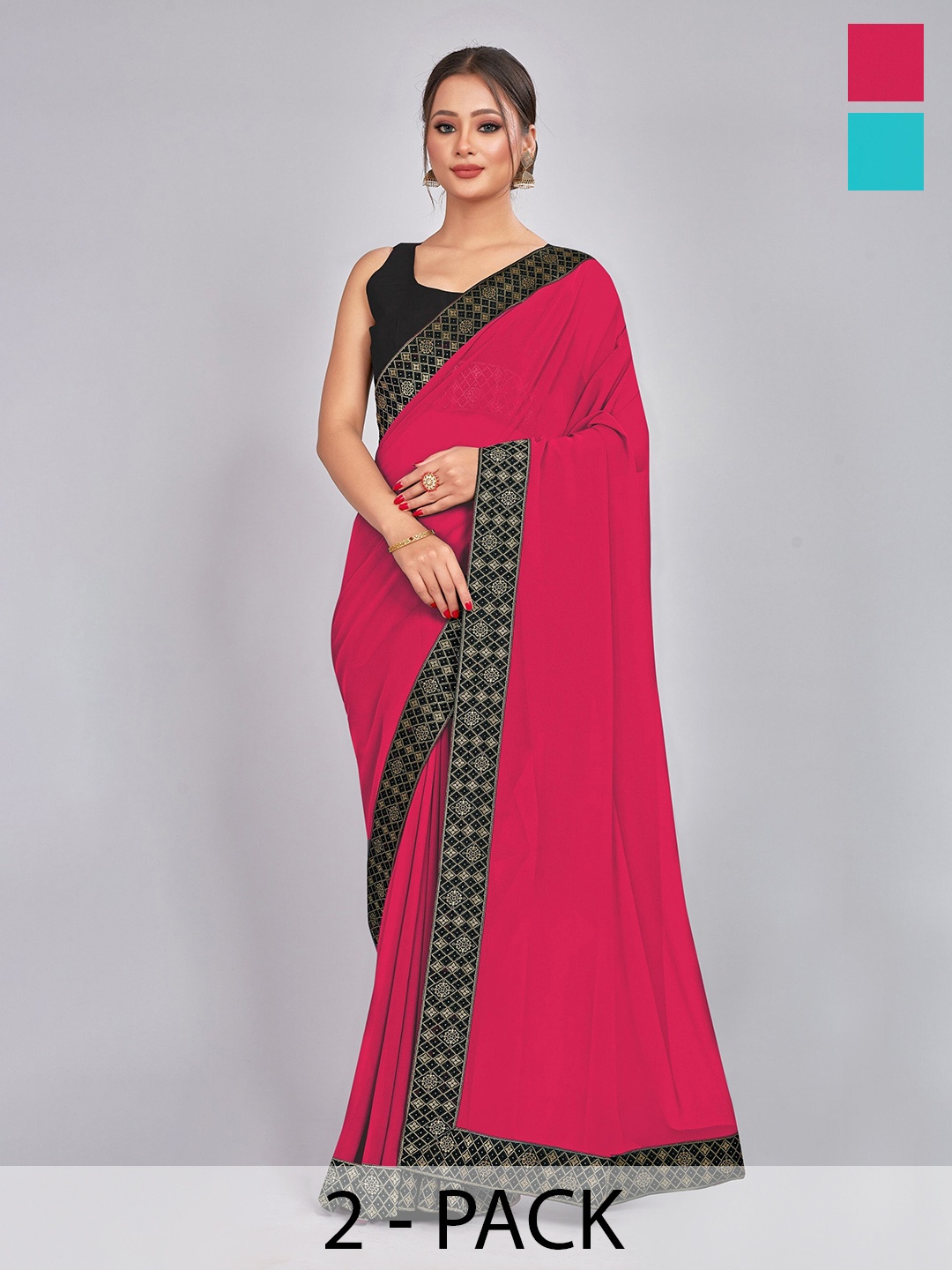 

CastilloFab Selection of 2 Zari Pure Georgette Saree, Rose