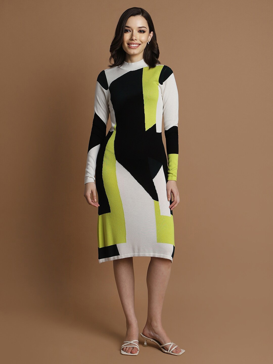 

Allen Solly Woman Abstract Printed Round Neck Knee Length Sheath Dress, White